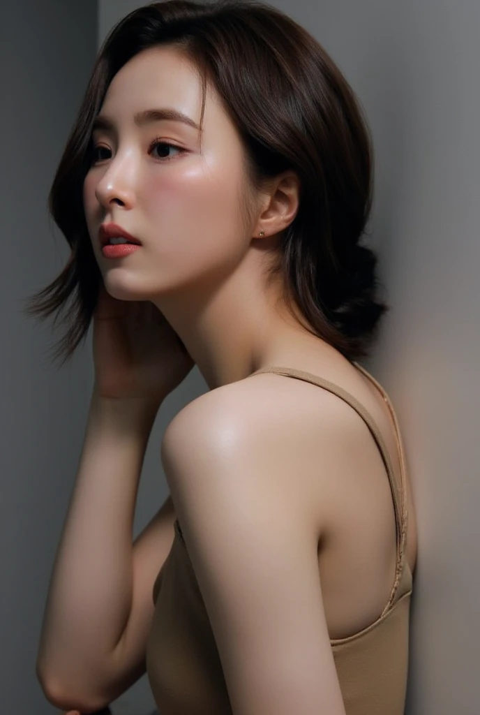 beautiful asian girl , wearing white sleeveless dress, short dress, gray background, overexposed, studio lighting, high quality, film grain, light reflections, blood vessels, pale skin, skin pores, blood vessels in sclera, detailed skin, beauty spots, skin fuzz, full body, (looking at viewer, kneeling), close up from above, close up face, dynamic angle, nsfw, sexy pose, having sex, pleasure, body towards viewer,