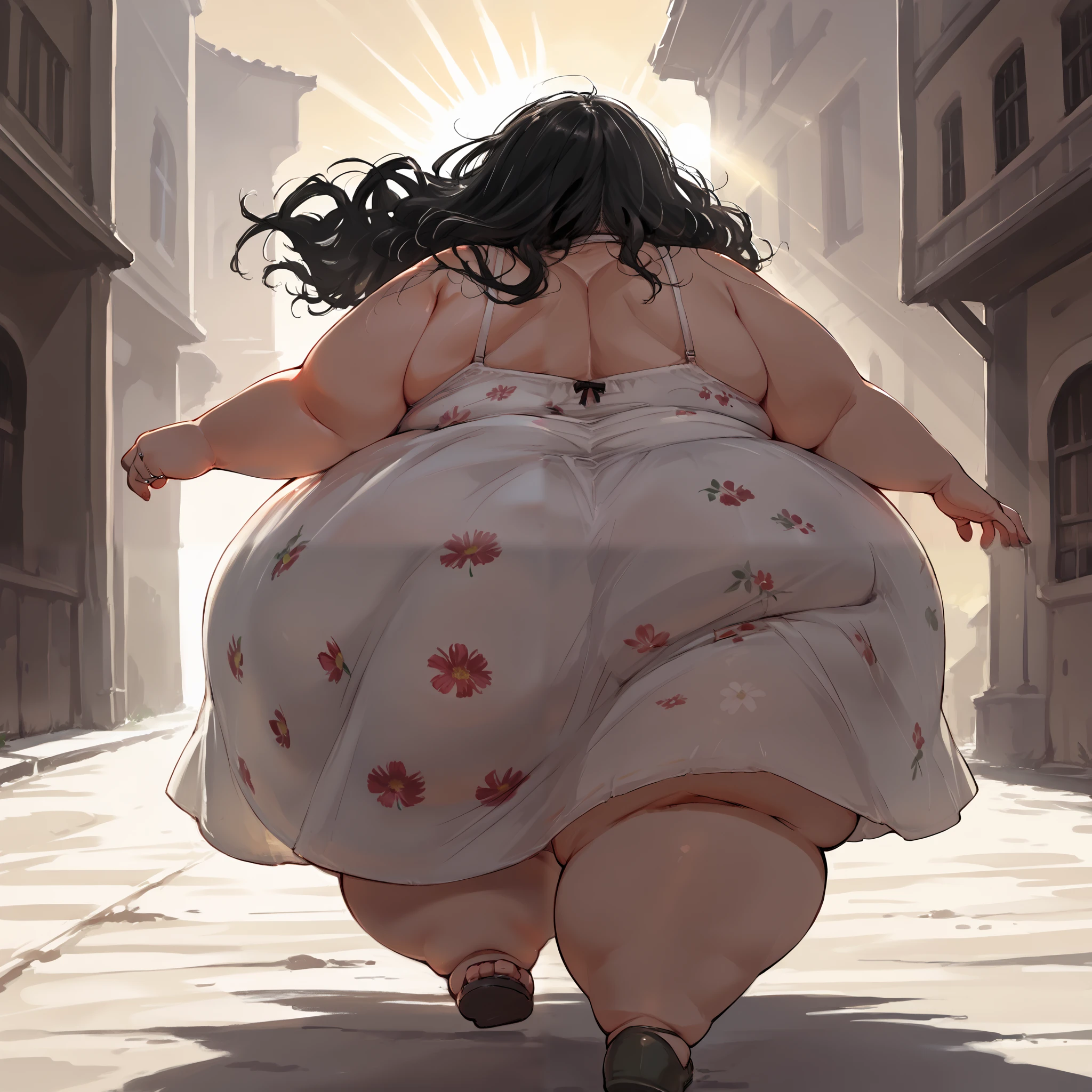 score_9, Score_8_up, Score_7,detailed, manga art, hirune style, fat girl, double chin, fat face, 1girl, ,lip ring, small eye bags, italian woman, curly thick hair, black hair, bright eyes, eyes, , vintage 1990s floral sundress, ((exhausted and running)), (extremely large lower lip), short dress, close up, (backround is a greek town, beautiful, bright sunlight), ,nude dress, (action shot), ((vivid and bright colors))