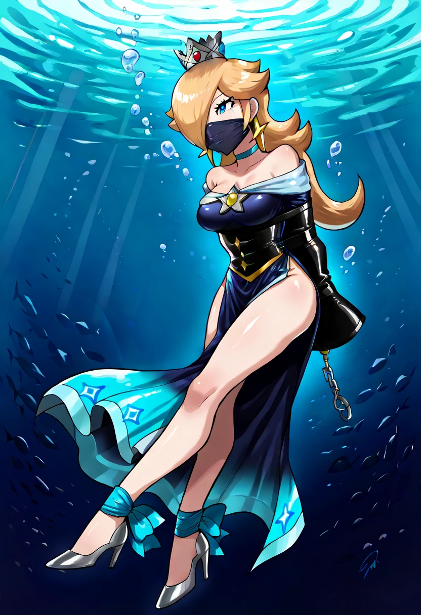 score_9, score_8_up, score_7_up, 1girl, Lora:Rosalina_XLPD:1,  (RslnSND, hair over one eye, crown, blue dress, bare shoulders, side slit, clothing cutout, choker, cleavage cutout, pelvic curtain, high heels, full body,  shiny dress, dark blue dress), wossarem style , smug, smug eyes, shiny skin, (full bodies in view) , perfect proportions, underwater, underwater drown, bound arms, (arms behind back: 1.4),  (armbinder: 1.4), free legs, free feet, G4G, mouth under mask, feet tied to at metal ball with chains.
, tight black cloth gag,
Expressive Cloth gag, (((lean the chest backwards, side view))), (((head leaning backward))), ((complete body side view)), side view, ((stretched legs)), ((head and neck leaning backward)), ((upper body leaning backward)), (head side view),  