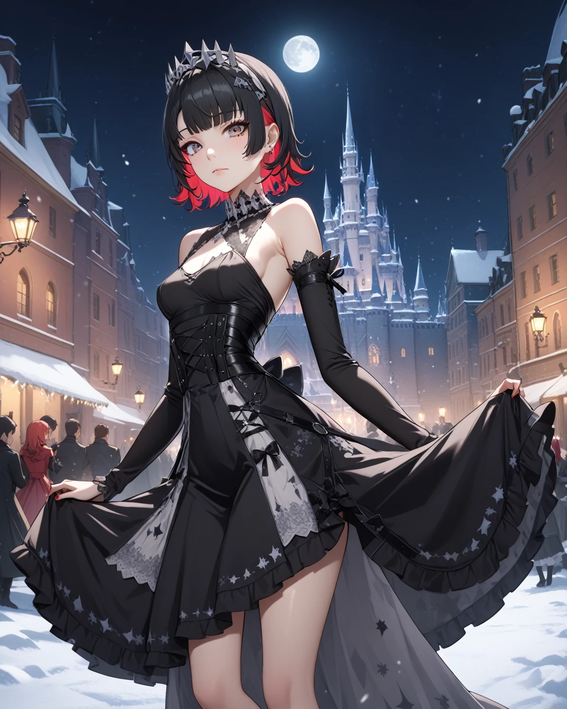 score_9, score_8_up, score_9_up, 1girl, source_anime, close up photo,  beautiful face, ellenjoe, night, passionless,  closed mouth, ellen joe, black hair, moonlight, party, night. winter,  party, sideboobs, fantasy party, fantasy night dress, night party, snow, sexy body, very small breasts,  colored inner hair, multicolored hair, grey eyes, total black outfit, dark place, dancing alone, sadistic eyes, red hair,  shoes pumps black, short hair,  two-tone hair, shoulders covered, shoulders covered by the dress, not loooking at the viewer, winter long dress, dance long dress, gothic dress, winter dress, cozy dress, ghotic lolita dress, sideboobs, ghotic dress, lace black dress, winter dress, cozy dress, covered shoulders, black dance dress, ghotic skirt, silver corset, dress for dancing, winter sleeves, glitter in the corset, shoulders covered by sleeves, long sleeves, long shirt, black corset with silver decorations, gala elegant dress, winter dress, elegant dress, long skirt dress, night, arms behind her back, lace collar, sexy body,  small breasts, two-tone hair,  beautiful eyes, beautiful legs, sexy legs, solo, fantasy world, night, beautiful eyes