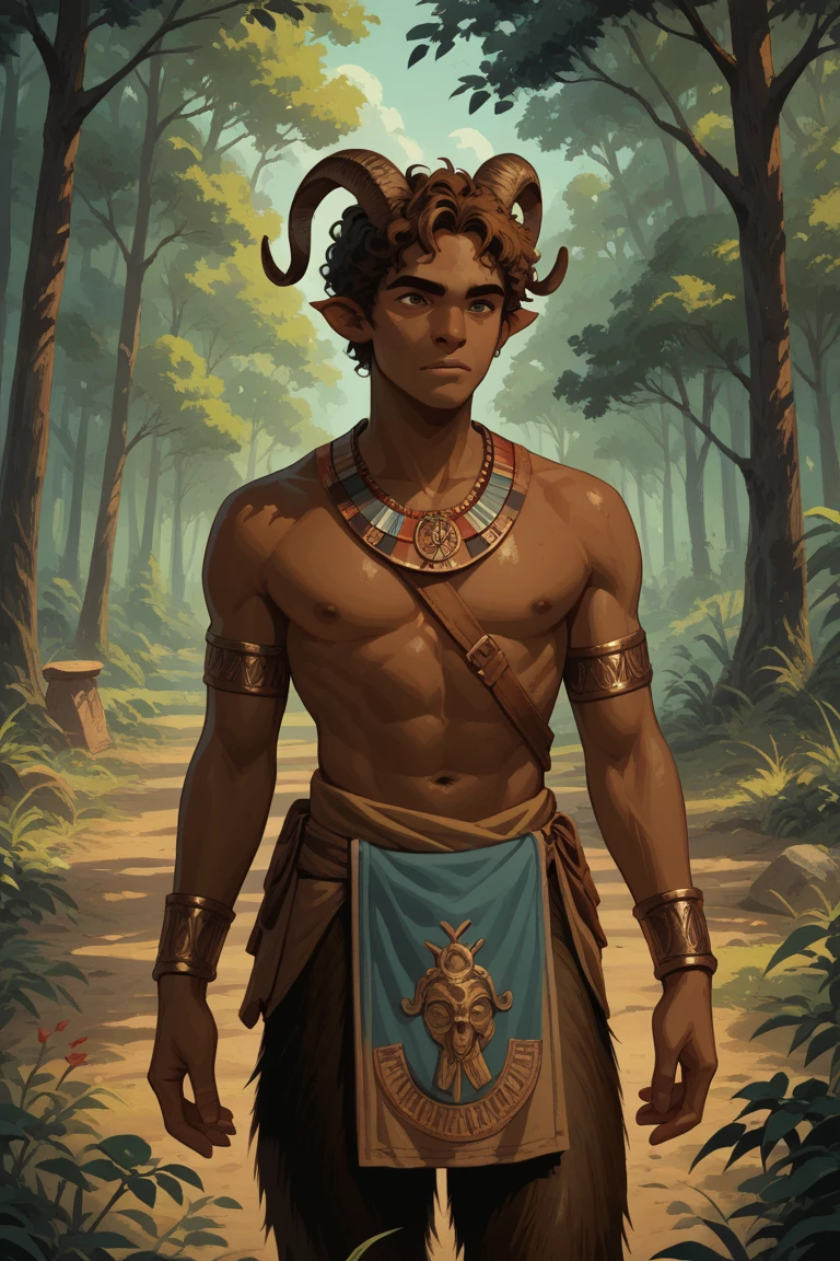 Male satyr, forest,  ancient Greece, African skin,  short brown hair,  goat horn  