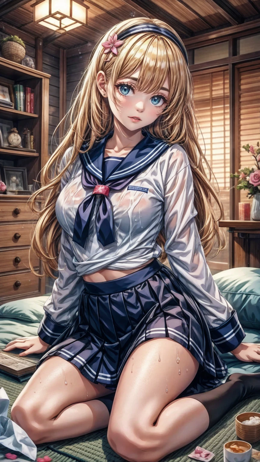 (  girl),(  very detailed目,  very detailed顔), ( realistic にสุดๆ,  high res ), (  top quality :1.4), (  top quality ), 5, Midea, 1人の girl,score_9, score_8_ up, score_7_ up, score_6_ up, score_5_ up, score_4_ up,  real skin texture deep into the night,  RAW photos , ( realistic に,  realistic :1.37),  very detailed,  professional photos  , (masterpiece:1.3,  top quality ,  Ultra High Resolution,  ultra More), ( realistic , photo realistic :1.4),  beautiful illustration,  perfect lighting,  natural light,  depth of field , beautiful detailed hair,  beautiful detailed face , beautiful detailed eyes,  beautiful collarbone,  beautiful body ,  beautiful breasts ,  beautiful thighs,  beautiful legs,  Look Under a Book of Beautiful Fingers ,  viewers,tissue paper scattered　Midnight, darkroom　Moonlit Room　Japanese tatami room,　lots of tissue paper scattered on the tatami,　rubbishが散乱している,　Very dirty room,　 very dirty bedding with yellowness in places ,　 very big breasts　Extremely distended breasts　 huge chest bulge 　Full-body composition　 dim room　  mature woman lying on a futon  　multiple sheets of tissue paper　rubbish　　cute long-sleeved sailor uniform with ruffles sewn into it　Thin frilled belly-length skirt　 illustration style　 anime style　frown　 narrow mouth 　Small lips　Frightened face　resentful face　[Sleepy eyes　Eyes half closed　Very small build 　baby 　美しい girl　Very cute clothes　Pink cheeks　 blonde long hair 　 mucus sticks to the whole body 　Super long sideburns　濡れて透けた see-throughの衣服　Wet and transparent sailor uniform　 headband　very long shocking pink silk skirt that is transparent when wet　pearl-like white silk tights that are transparent when wet　pearl-like white silk underwear that is transparent when wet　 metallic luster　lots of hot pink silk ribbons sewn into the clothes　  wet in the rain　ultra-long pearl white silk gloves that are transparent when wet　shocking pink silk pantyhose with fine embroidery that is transparent when wet　silk garter belt　Pathetic　 clear 　 big eyes　Droopy eyes　 stylish lingerie 　 super long white leather boots 　white silk bodysuit that is transparent when wet　 see-through　 clothes that are clear in the rain 　Clothes get wet with sweat and become transparent
