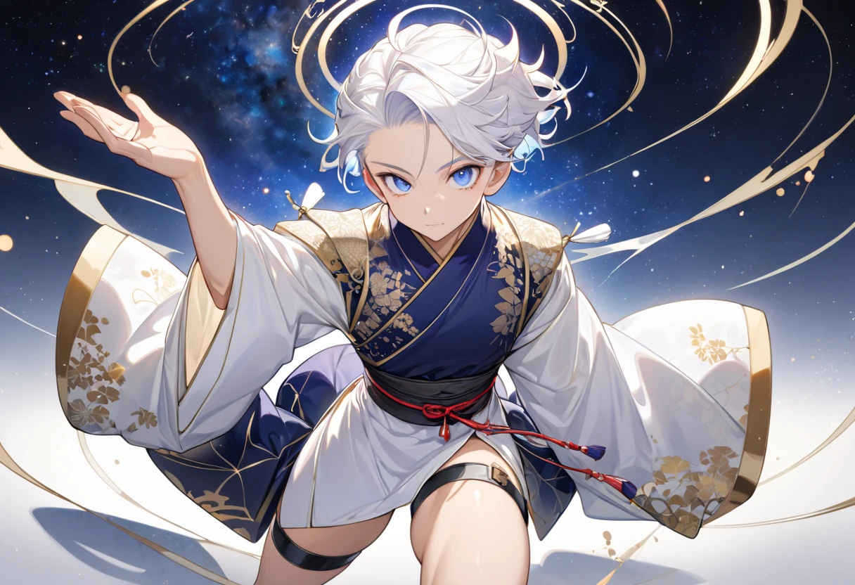 Fresh illustration,
Ultra-fine drawing,
Very delicate illustration,
Very fine details,
One boy,
Full body,
Height 158cm,
Fair skin,
Right eye is purple,
Left eye is blue,
Odd eyes,
Heterochromie iris,
Beautiful eyes,
Large black pupils,
Cleanly cut hairstyle,
Slicked back hairstyle,
Short hair,
Shiny hair,
Blue roots and white hair elsewhere,
Hair with a gradient,
Cute face,
Pretty face,
Shiny halo on the back of the head,
Raised eyebrows,
Kimono upper body,
Japanese clothing upper body,
Masculine build,
Six pack,
Very small breasts,
No breasts,
Chinese dress lower body,
Black obi,
White clothes overall,
Tastefully embroidered with gold thread,
Clothes with a high-quality texture,
Jo straps,
thigh straps,
thigh straps digging into skin,
white long boots,
Japanese style toes,
five fingers and toes,
thin waist,
thin legs,
isometric,
golden ratio,
divine atmosphere,
wearing an indigo-collared inner,
outer space,
galaxy,
countless small stars,
tactical use of shadows,
free pose,
sexy pose,
exposed skin,
naughty pose,
adult pose,
lewd appearance,
looking at camera,
buttocks facing camera,
pervert,
see-through clothes,
masochistic pose