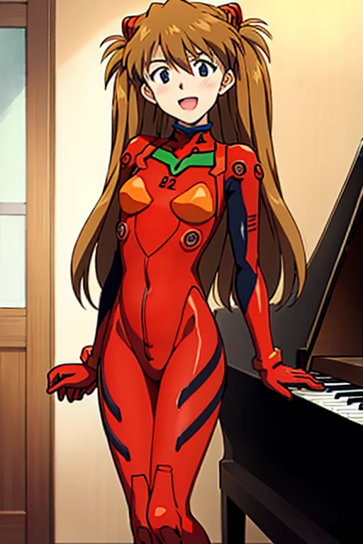 (( top quality )), ((masterpiece)), (be familiar with),  perfect face, indoor, bedroom,  Watching Viewers ,
One woman,  Soryu Asuka Langley,
 open mouth,  ecstatic expression beside the piano, blush, smile,
 small tits,  flat chest, Young girl, Lori,  s,  girl,
 long hair,  twin tails,
Leg spread,