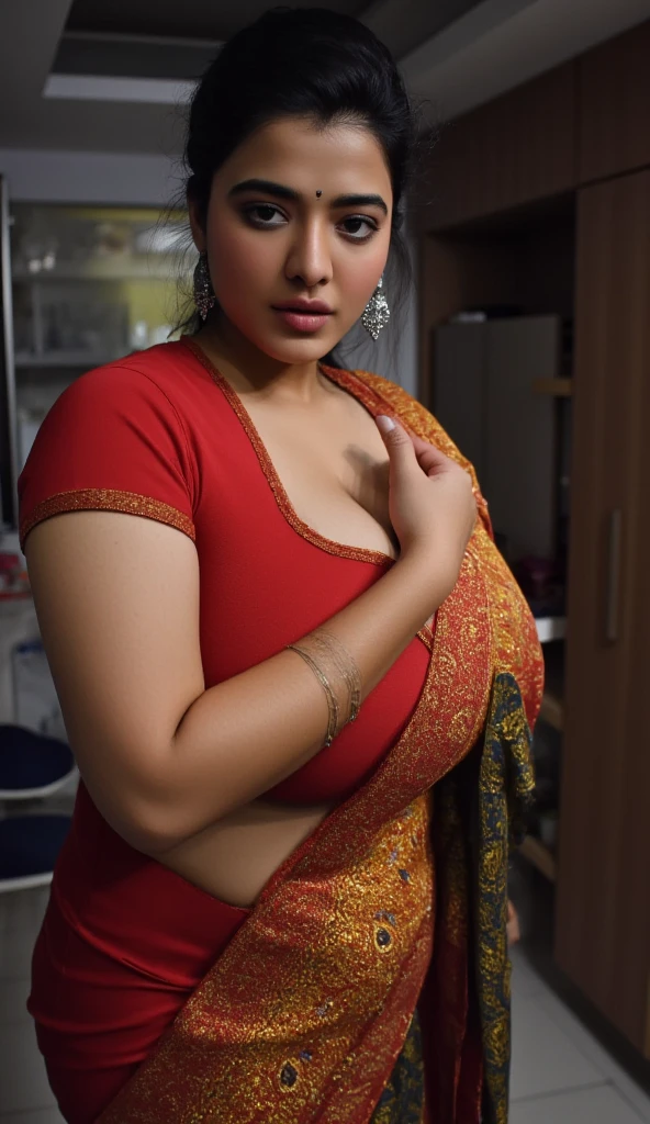 Indian 22 year old voluptuous, exposing her Large u shaped cleavage blouse ( deep neck), wearing red, undressing her blouse, showing her bra, saree and black blouse, kitchen, night time, dim room. Ultra realistic, beautiful face and lips, looking down, full body image ( massive cleavage breasts)