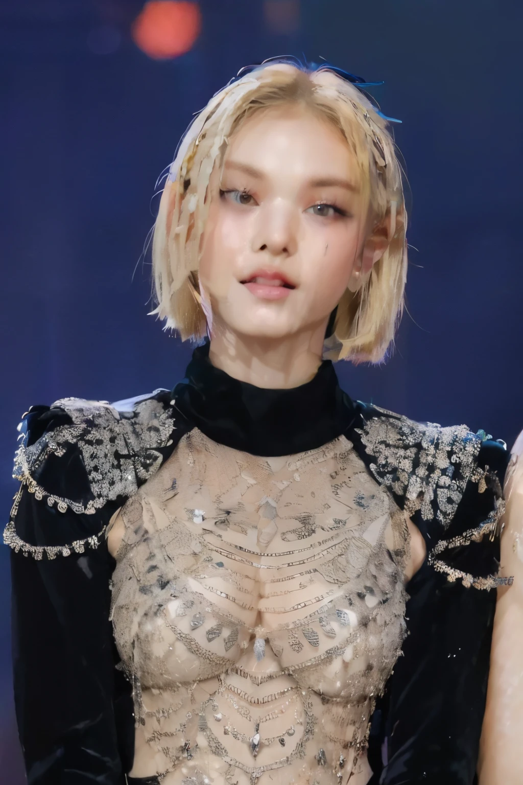 a woman with a short blond hair wearing a black dress, , ample chest, gynoid body, gynoid cyborg body, angelphilia body, anatomically correct, girl figure, photorealistic, hd quality, highly realistic and photorealistic, 8K resolution, high-definition quality, gorgeous woman, tall quality, perfection details, ultra 8K, perfectly rendered face, all her facial and body details are perfectly detailed, maximum quality, 8K, perfectly rendered details, ultra rendered photography for maximum and impeccable quality, wonderful and charming woman, perfect eyes, perfect lips, perfect nose, perfect hair, perfect skin, she is too wonderful, image with maximum ultra mega rendered quality at the height of perfection, each strand of her hair is perfectly detailed, she is wonderful, an 8K image rendered to the highest AI quality that human eyes have never witnessed such quality and beauty, the image has good saturation and coloring, vivid, super rendered, rendered skin, rendered hair, rendered nose, rendered lips, super rendered image to the highest and best possible quality