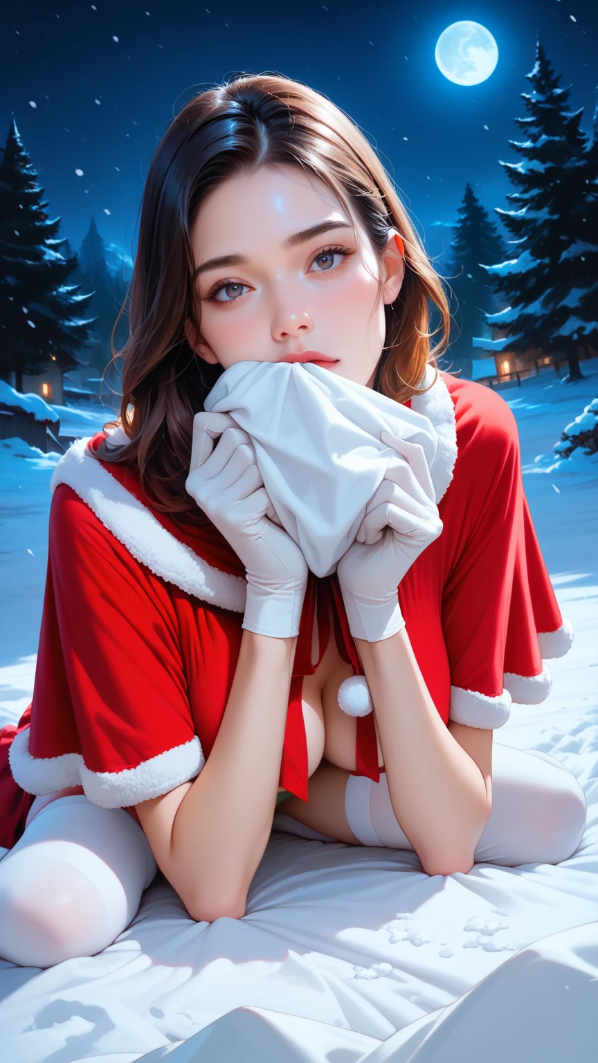 score_9,score_8_up,score_7_up,high res image,masterpiece,best quality,realistic,1girl,(santa_costume:1.2),(white stockings:1.4),(blouse:1.2),(white_shirt:1.2),(capelet:1.2),(snow at night:1.2),(face focus:1.3),(medium breasts:1.3),