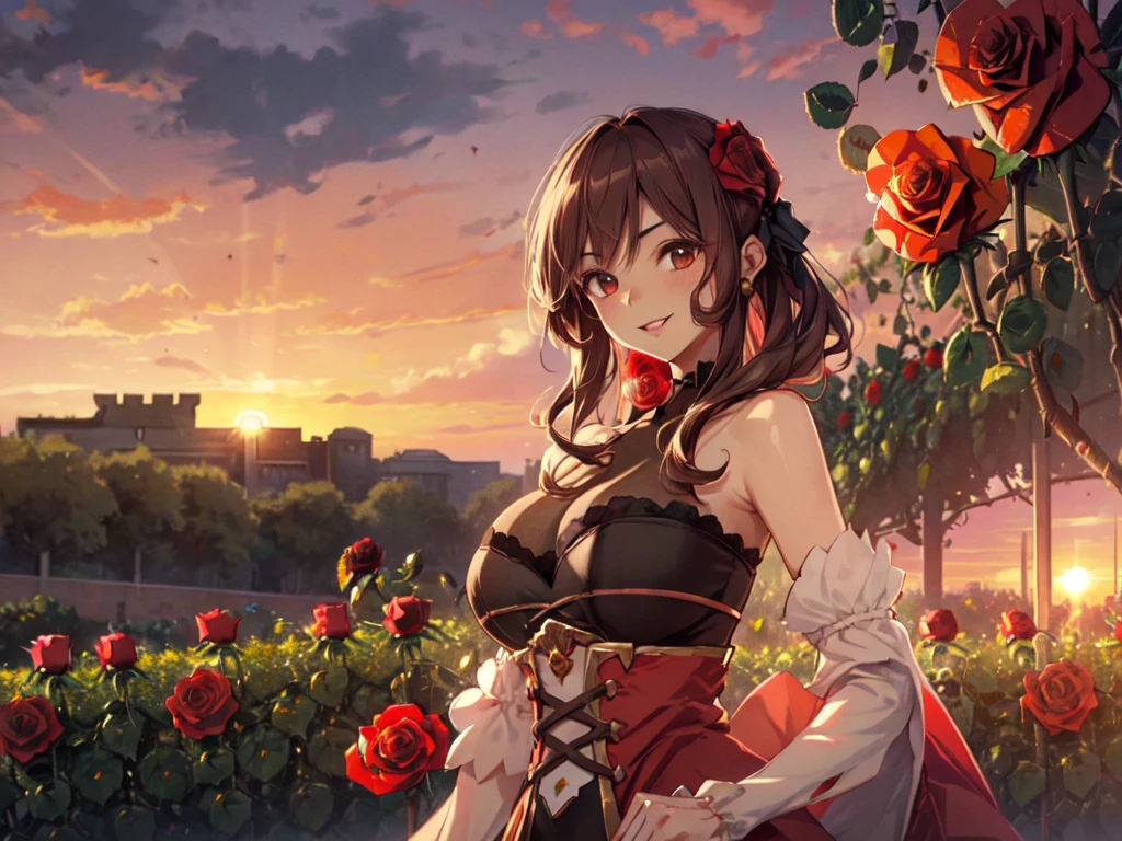 (Solo:2), (Young Woman:2), (Big Head, Very Large Breasts), (Smiling, Looking at Camera), (Red Rose Garden in Castle:2), (Sunset:2), (Bust-up only, Low angle, Focus on Breasts), (Accurate Body Structure, Accurate Hand Structure, Accurate Finger Structure, Short Fingers), (3D, Very Fine Lines, Carefully Drawn, Great Artwork, Top Quality, High Resolution, 8K, Detailed, Delicate)