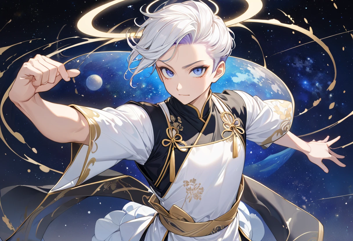 Fresh illustration,
Ultra-fine drawing,
Very delicate illustration,
Very fine details,
One boy,
Full body,
Height 158cm,
Fair skin,
Right eye is purple,
Left eye is blue,
Odd eyes,
Heterochromie iris,
Beautiful eyes,
Large black pupils,
Cleanly cut hairstyle,
Slicked back hairstyle,
Short hair,
Shiny hair,
Blue roots and white hair elsewhere,
Hair with a gradient,
Cute face,
Pretty face,
Shiny halo on the back of the head,
Raised eyebrows,
Kimono upper body,
Japanese clothing upper body,
Masculine build,
Six pack,
Very small breasts,
No breasts,
Chinese dress lower body,
Black obi,
White clothes overall,
Tastefully embroidered with gold thread,
Clothes with a high-quality texture,
Jo straps,
thigh straps,
thigh straps digging into skin,
white long boots,
Japanese style toes,
five fingers and toes,
thin waist,
thin legs,
isometric,
golden ratio,
divine atmosphere,
wearing an indigo-collared inner,
outer space,
galaxy,
countless small stars,
tactical use of shadows,
free pose,
sexy pose,
exposed skin,
naughty pose,
adult pose,
lewd appearance,
looking at camera,
buttocks facing camera,
pervert,
see-through clothes,
masochistic pose