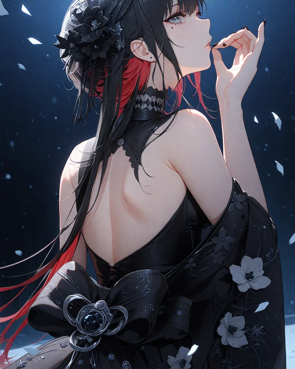 score_9, score_8_up, score_9_up, 1girl, source_anime, close up photo,  beautiful face, ellenjoe, night, passionless,  closed mouth, ellen joe, black hair, moonlight, party, night. winter,  party, sideboobs, fantasy party, fantasy night dress, night party, snow, sexy body, very small breasts,  colored inner hair, multicolored hair, grey eyes, total black outfit, dark place, dancing alone, sadistic eyes, red hair,  shoes pumps black, short hair,  two-tone hair, shoulders covered, shoulders covered by the dress, not loooking at the viewer, winter long dress, dance long dress, gothic dress, winter dress, cozy dress, ghotic lolita dress, sideboobs, ghotic dress, lace black dress, winter dress, cozy dress, covered shoulders, black dance dress, ghotic skirt, silver corset, dress for dancing, winter sleeves, glitter in the corset, shoulders covered by sleeves, long sleeves, long shirt, black corset with silver decorations, gala elegant dress, winter dress, elegant dress, long skirt dress, night, arms behind her back, lace collar, sexy body,  small breasts, two-tone hair,  beautiful eyes, beautiful legs, sexy legs, solo, fantasy world, night, beautiful eyes