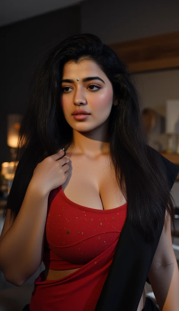 Indian 22 year old Voluptuos,wearing red and black designer saree, undressing and showing her bra black, kitchen, night time, dim room. Ultra realistic, beautiful face and lips, looking down, full body image ( massive cleavage breasts)