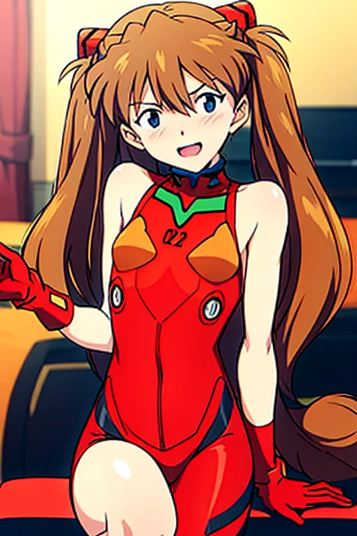 (( top quality )), ((masterpiece)), (be familiar with),  perfect face, indoor, bedroom,  Watching Viewers ,
One woman,  Soryu Asuka Langley,
 open mouth,  ecstatic expression beside the piano, blush, smile,
 small tits,  flat chest, Young girl, Lori,  s,  girl,
 long hair,  twin tails,
Leg spread,