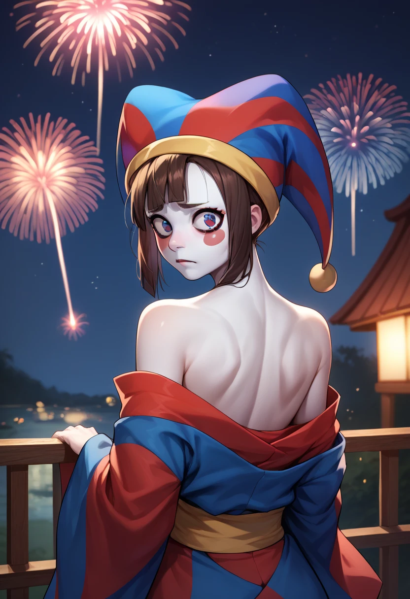 score_9, score_8_up, score_7_up, score_6_up, BREAK from behind,kimono,off shoulder,bare shoulderr,night sky,fireworks,looking at viewer,pomni, colored skin, blush stickers, jester cap 