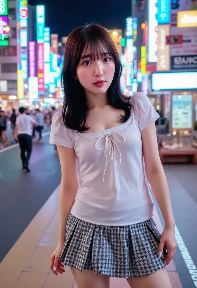 heavily pregnant, young girl, brown hair, hairbangs, short hair, hair tied, ponytail, big belly, button up outfit, necklace, beautiful, blurry background, very dark background, background view of a city at night, flickering lights, middle of night, looking at viewer