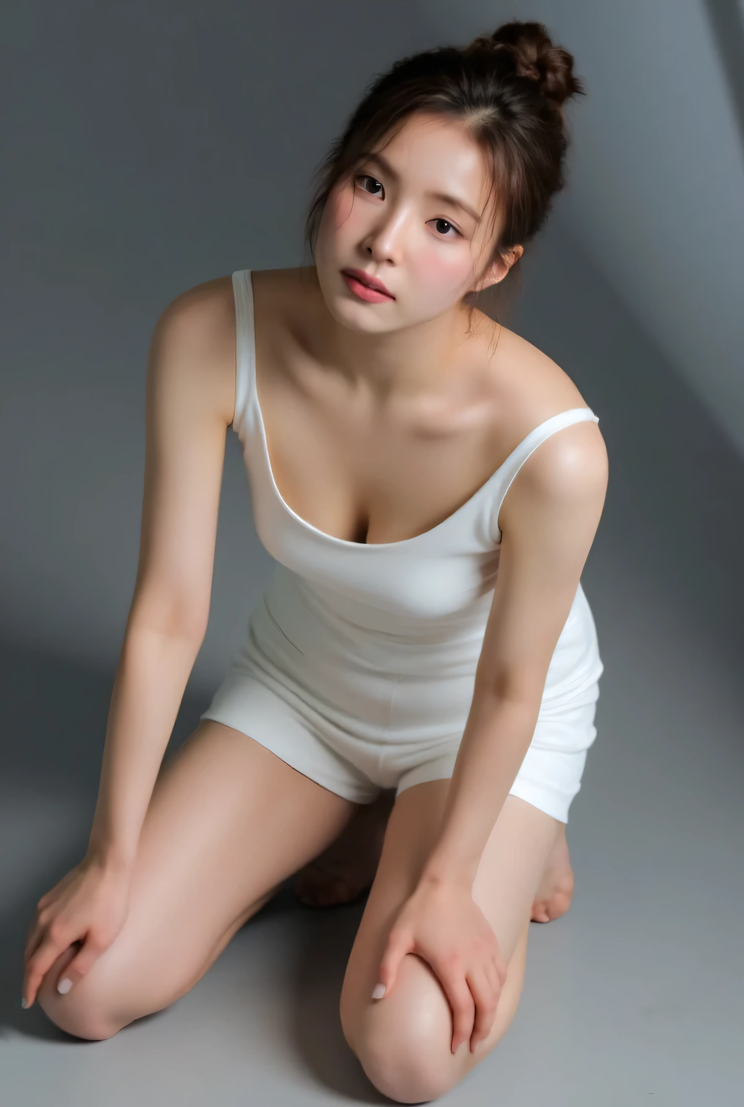 beautiful asian girl , wearing white sleeveless dress, short dress, gray background, overexposed, studio lighting, high quality, film grain, light reflections, blood vessels, (pale skin), skin pores, blood vessels in sclera, detailed skin, beauty spots, skin fuzz, full body, (looking at viewer, kneeling), close up angle from above, close up face, dynamic angle, nsfw, sexy pose, having sex, facing viewer