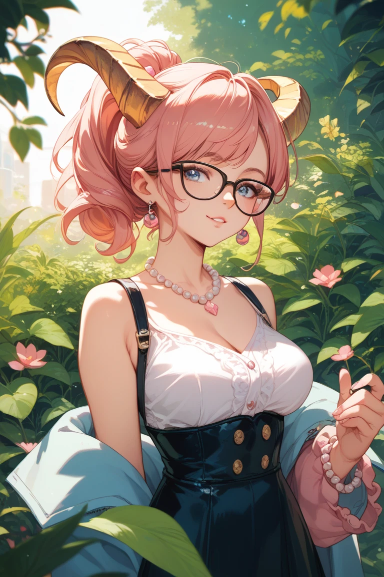 Woman with lush golden horns ,  half a short pink pearl and the other half long black ,  wears glasses, a garment that only covers one of her arms