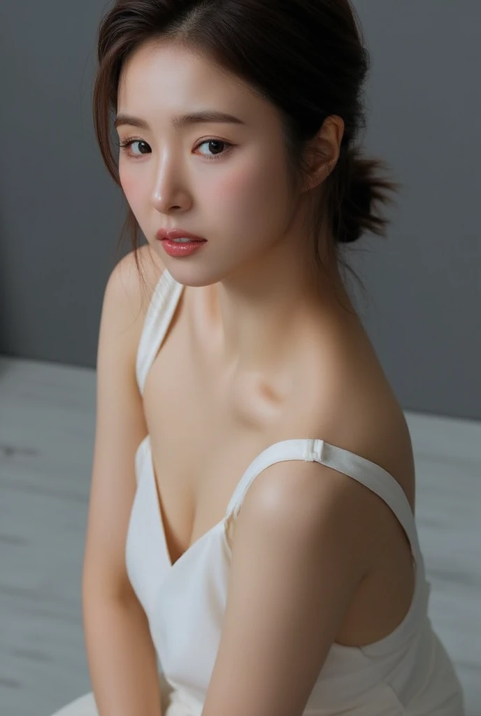 beautiful asian girl , wearing white sleeveless dress, short dress, gray background, overexposed, studio lighting, high quality, film grain, light reflections, blood vessels, (pale skin), skin pores, blood vessels in sclera, detailed skin, beauty spots, skin fuzz, full body, (looking at viewer, kneeling), close up angle from above, close up face, dynamic angle, nsfw, sexy pose, having sex, facing viewer