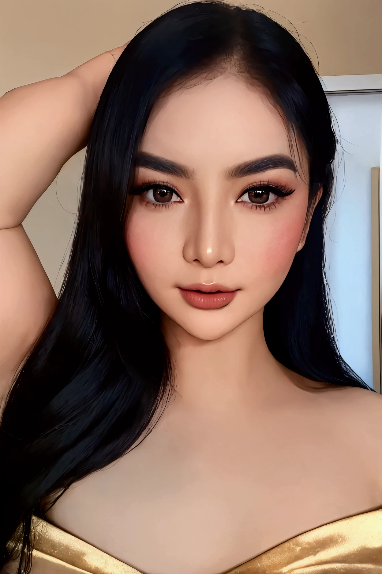 "A close-up photo of a stunning Indonesian woman with flawless white skin and captivating features. Her face is illuminated by natural light, highlighting her soft, smooth complexion. Her deep, expressive eyes are framed by perfectly shaped eyebrows, and her lips are full and slightly glossy, exuding elegance. She has silky, dark hair cascading gently around her shoulders, and she wears a subtle makeup look that enhances her natural beauty. The background is softly blurred, drawing attention to her serene expression and striking features."