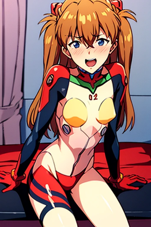 (( top quality )), ((masterpiece)), (be familiar with),  perfect face, indoor, bedroom,  Watching Viewers ,
One woman,  Soryu Asuka Langley,
 open mouth,  ecstatic expression beside the piano, blush, smile,
 small tits,  flat chest, Young girl, Lori,  s,  girl,
 long hair,  twin tails,
Leg spread,