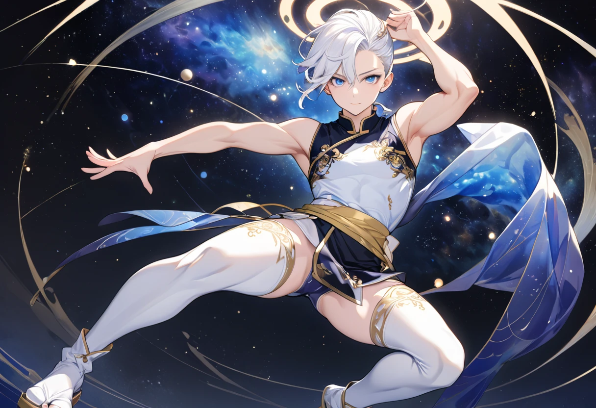 Fresh illustration,
Ultra-fine drawing,
Very delicate illustration,
Very fine details,
One boy,
Full body,
Height 158cm,
Fair skin,
Right eye is purple,
Left eye is blue,
Odd eyes,
Heterochromie iris,
Beautiful eyes,
Large black pupils,
Cleanly cut hairstyle,
Slicked back hairstyle,
Short hair,
Shiny hair,
Blue roots and white hair elsewhere,
Hair with a gradient,
Cute face,
Pretty face,
Shiny halo on the back of the head,
Raised eyebrows,
Kimono upper body,
Japanese clothing upper body,
Masculine build,
Six pack,
Very small breasts,
No breasts,
Chinese dress lower body,
Black obi,
White clothes overall,
Tastefully embroidered with gold thread,
Clothes with a high-quality texture,
Jo straps,
thigh straps,
thigh straps digging into skin,
white long boots,
Japanese style toes,
five fingers and toes,
thin waist,
thin legs,
isometric,
golden ratio,
divine atmosphere,
wearing an indigo-collared inner,
outer space,
galaxy,
countless small stars,
tactical use of shadows,
free pose,
sexy pose,
exposed skin,
naughty pose,
adult pose,
lewd appearance,
looking at camera,
buttocks facing camera,
pervert,
see-through clothes,
masochistic pose