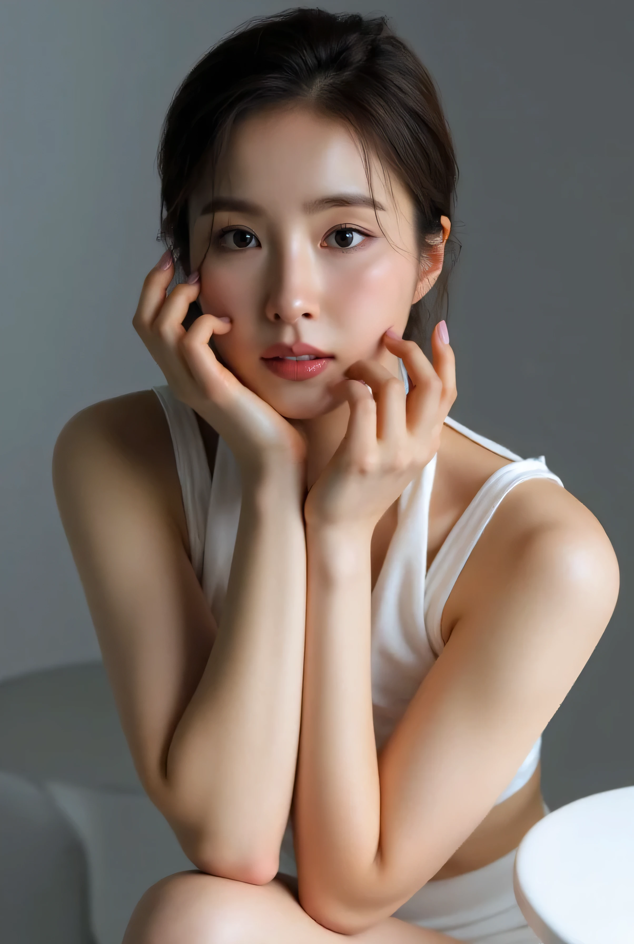 beautiful asian girl , wearing white sleeveless dress, short dress, gray background, overexposed, studio lighting, high quality, film grain, light reflections, blood vessels, (pale skin), skin pores, blood vessels in sclera, detailed skin, beauty spots, skin fuzz, full body, (looking at viewer, kneeling), close up angle from above, close up face, dynamic angle, nsfw, sexy pose, having sex, facing viewer