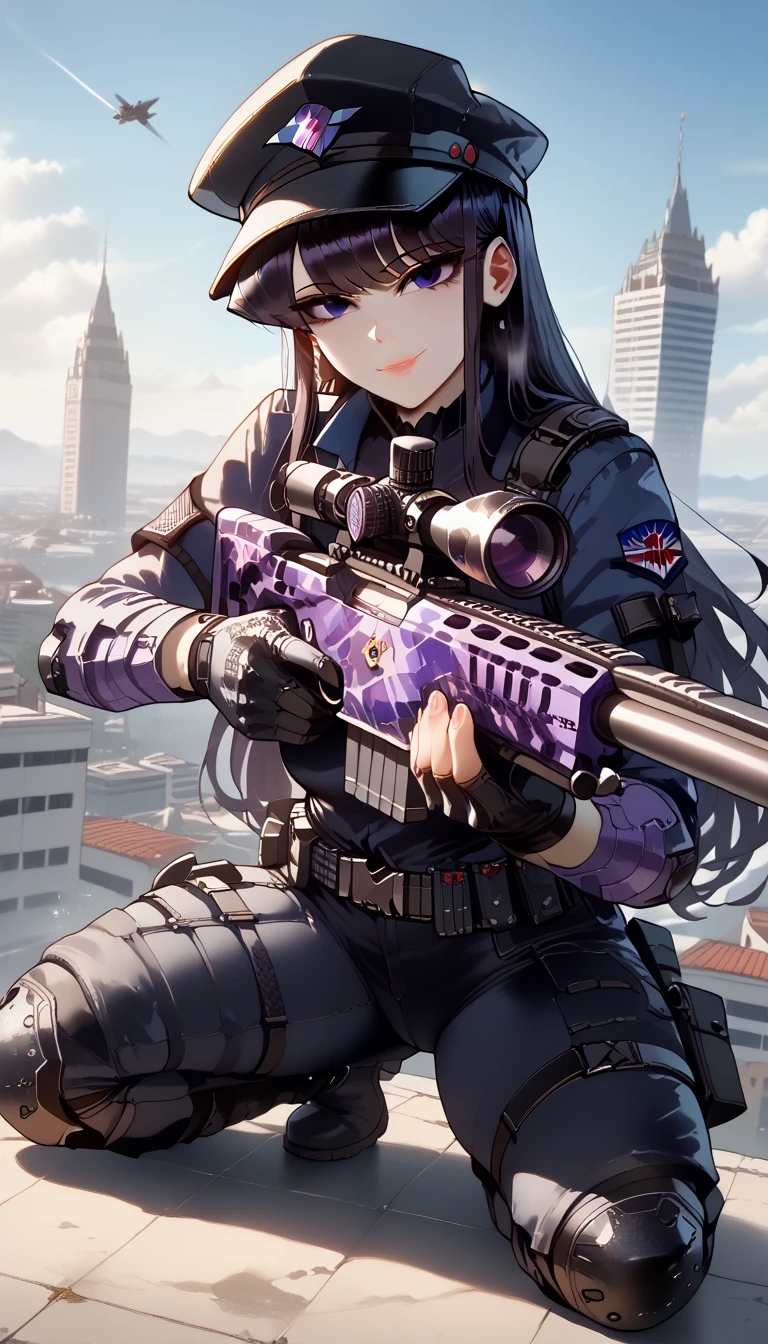 ultra-detailed, 1girl, komi_shouko, ((masterpiece)), (best quality), (highres), 16K, perfect face, purple eyes, long hair, black hair, bangs, hat, wearing tactical clothes, wearing black thong, black gloves, tactical belt, knee pads, boots, busty body, large breasts and a beautiful ass, showcasing cleavage, legs, hips, (holding Sniper Rifle), looking at viewer, smile, detailed full body, rooftop background