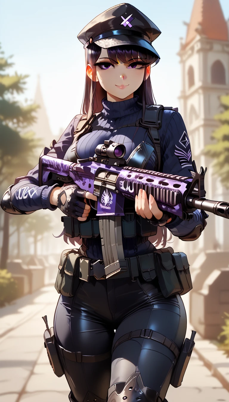 ultra-detailed, 1girl, komi_shouko, ((masterpiece)), (best quality), (highres), 16K, perfect face, purple eyes, long hair, black hair, bangs, hat, wearing tactical clothes, wearing black thong, black gloves, tactical belt, knee pads, boots, busty body, large breasts and a beautiful ass, showcasing cleavage, legs, hips, (holding assault rifle), looking at viewer, smile, detailed full body, street background