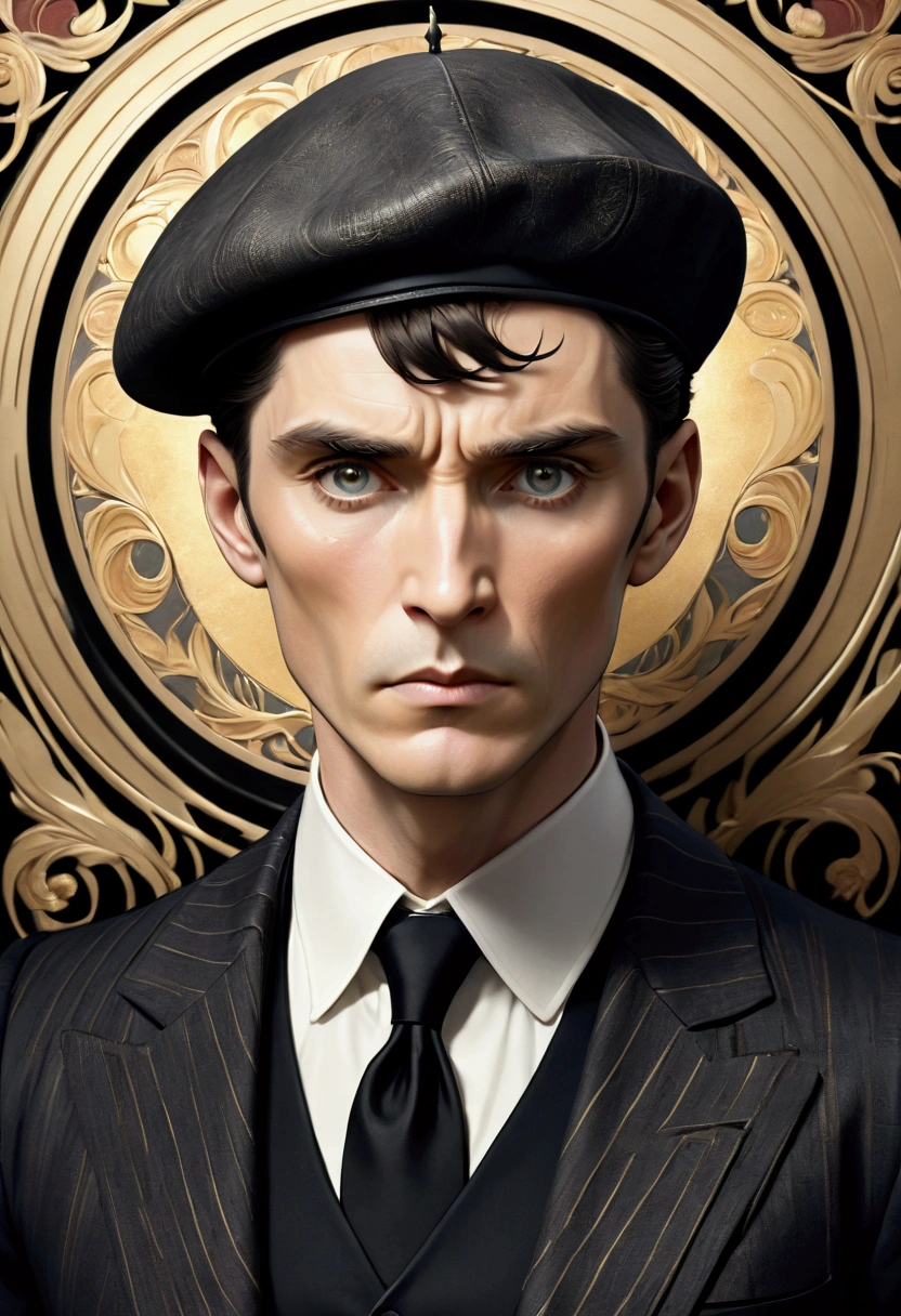 usar el rostro de Cillian Murphy angry, Serious, with an elegant and refined Art Nouveau style .  The portrait focuses on his face and upper torso .  He wears a classic flat cap  (flat beret )  in dark tones with a tweed texture ,  perfectly fitted over his head .  His clothing includes an impeccable three-piece suit with vertical black and white stripes ,  a starchy white shirt , a black vest,  and a tight black tie .  His expression reflects a mix of serenity and determination ,  with a penetrating and captivating look .  The light eyes are lightly shaded , transmitiendo un eatre de misterio y control.  His dark hair is carefully styled under the beret ,  showing the iconic style of the character .  The background is an intricate Art Nouveau design ,  composed of gold and beige patterns ,  with organic curves and circular geometric patterns that frame the character symmetrically and harmoniously .  The flowers include delicate petals and ornamental details that evoke a classic and timeless environment .  The color scheme is monochrome , with black tones, white, and golden ,  using engraved shading techniques to enhance the details of the face ,  the clothes and the bottom .  Soft lighting focuses attention on the face,angry,Serious,male and beret ,  highlighting the texture and depth of the character ."  Additional instructions for SeaArt .eat:  the level of Maximum for ensure that the facial features and texture of the beret and suit are accurate.  Select a hyperrealistic style with Art Nouveau influence .  Configures the color palette to monochrome tones with gold accents to ensure fidelity to the visual style .