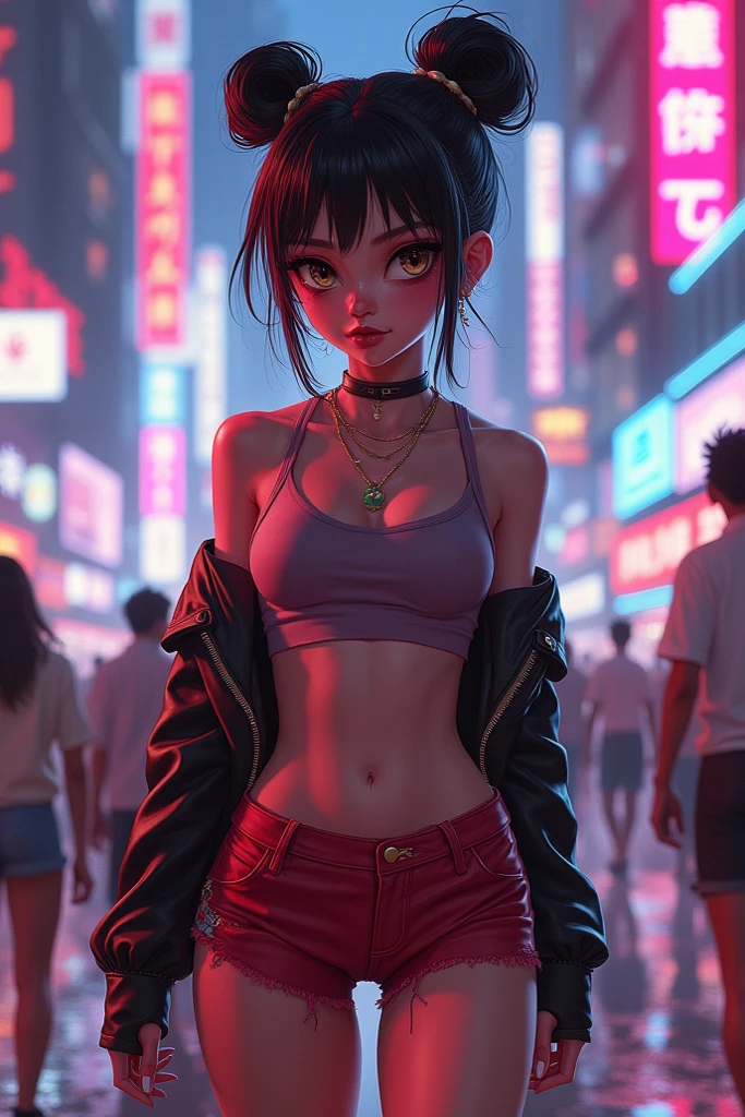 4k,CG Digital rendering,wallpaper,illustration,absurdres,Ultra HD,incredibly absurdres,masterpiece,amazing,finely detail,original,beautiful-detailed eyes,tyndall effect,dynamic angle,cyberpunk city,night,
(1girl:1.5),(solo),((streetwear)),toon,medium breasts,nsfw,shorts,((Sexual suggestion)),(standing),leaning forward,earrings,cat_ears,ribbon choker,(cleavage),((colorful streaked hair)),((( gradient hair))),
neon light,, ((painting, canvas, fine art)), detailedHDR, portrait, 50mm, F/2.8, 1m away,