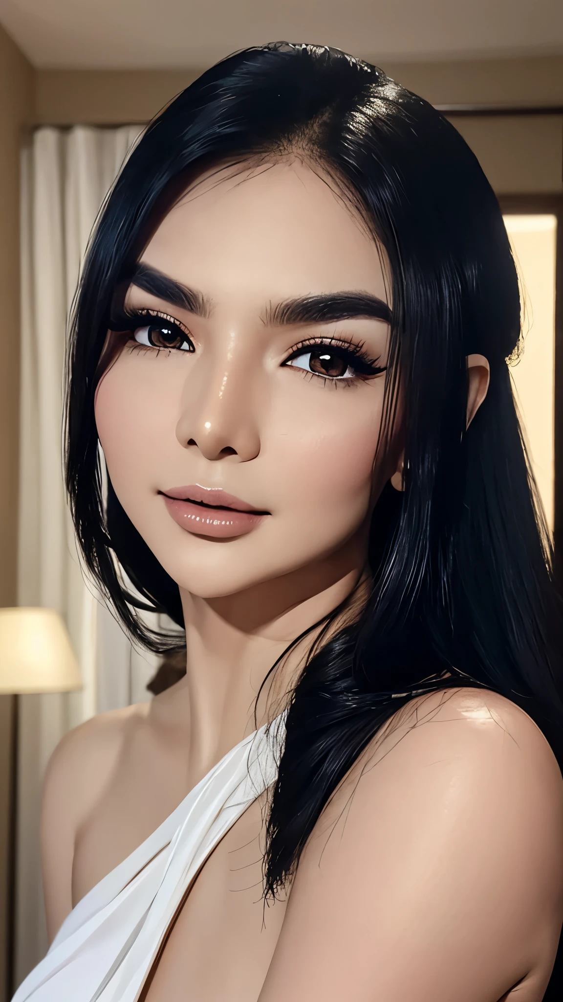 "A close-up photo of a stunning Indonesian woman with flawless white skin and captivating features. Her face is illuminated by natural light, highlighting her soft, smooth complexion. Her deep, expressive eyes are framed by perfectly shaped eyebrows, and her lips are full and slightly glossy, exuding elegance. She has silky, dark hair cascading gently around her shoulders, and she wears a subtle makeup look that enhances her natural beauty. The background is softly blurred, drawing attention to her serene expression and striking features."