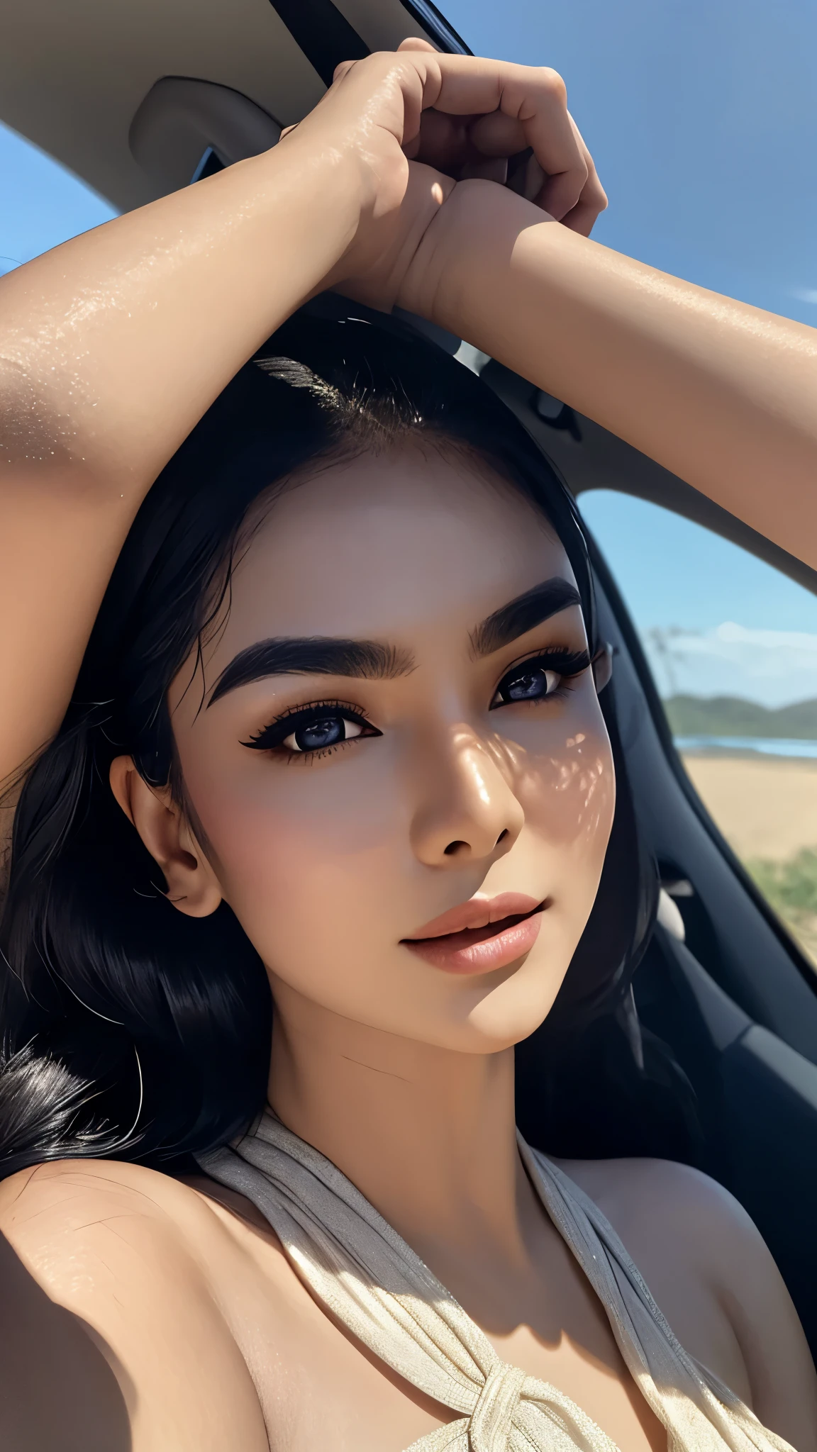 "A close-up photo of a stunning Indonesian woman with flawless white skin and captivating features. Her face is illuminated by natural light, highlighting her soft, smooth complexion. Her deep, expressive eyes are framed by perfectly shaped eyebrows, and her lips are full and slightly glossy, exuding elegance. She has silky, dark hair cascading gently around her shoulders, and she wears a subtle makeup look that enhances her natural beauty. The background is softly blurred, drawing attention to her serene expression and striking features."