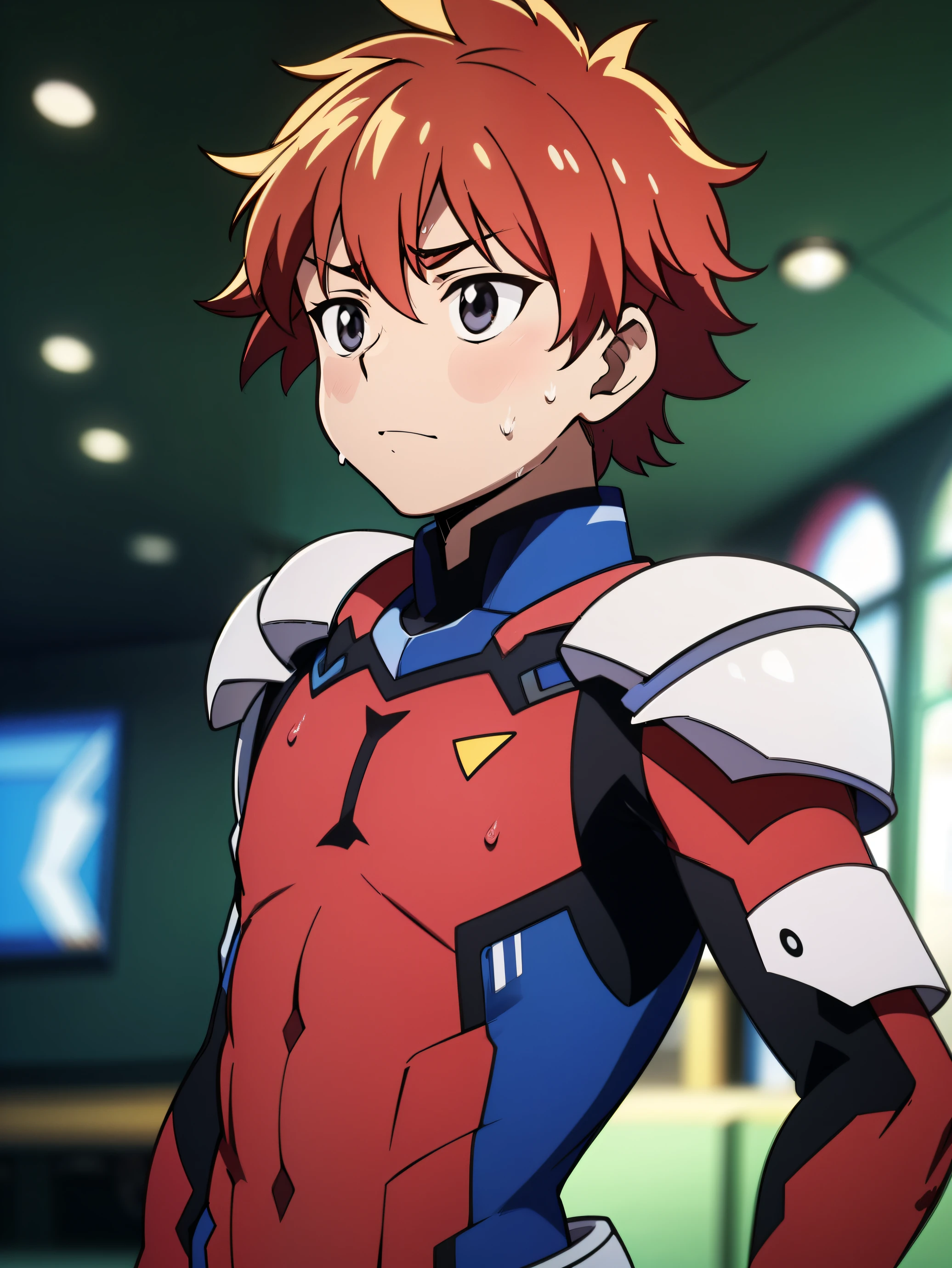 Highres, Masterpiece, Best quality at best,Best Quality,hight quality, hight detailed, 1boy, Shota, messy hair, sweat, upper body, Depth of field, Anime Screencap Style, red plugsuit, armor, show his abs, Looks like an innocent boy, Seen from front, look good boy, Cute boy, (very small and short stature), (very young boy), Twelve year old boys, bokeh, Blurry beckground