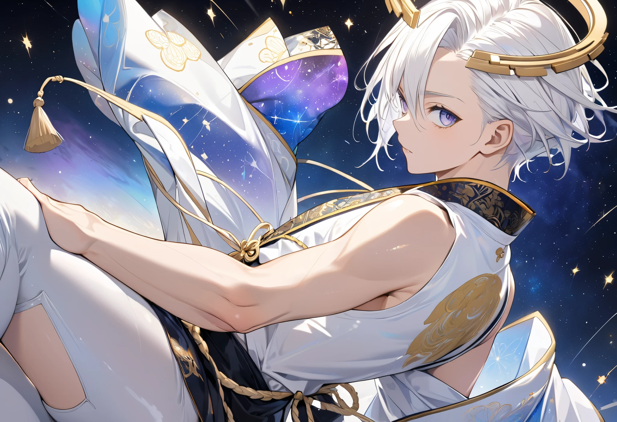 Fresh illustration,
Ultra-fine drawing,
Very delicate illustration,
Very fine details,
One boy,
Full body,
Height 158cm,
Fair skin,
Right eye is purple,
Left eye is blue,
Odd eyes,
Heterochromie iris,
Beautiful eyes,
Large black pupils,
Cleanly cut hairstyle,
Slicked back hairstyle,
Short hair,
Shiny hair,
Blue roots and white hair elsewhere,
Hair with a gradient,
Cute face,
Pretty face,
Shiny halo on the back of the head,
Raised eyebrows,
Kimono upper body,
Japanese clothing upper body,
Masculine build,
Six pack,
Very small breasts,
No breasts,
Chinese dress lower body,
Black obi,
White clothes overall,
Tastefully embroidered with gold thread,
Clothes with a high-quality texture,
Jo straps,
thigh straps,
thigh straps digging into skin,
white long boots,
Japanese style toes,
five fingers and toes,
thin waist,
thin legs,
isometric,
golden ratio,
divine atmosphere,
wearing an indigo-collared inner,
outer space,
galaxy,
countless small stars,
tactical use of shadows,
free pose,
sexy pose,
exposed skin,
naughty pose,
adult pose,
lewd appearance,
looking at camera,
buttocks facing camera,
pervert,
see-through clothes,
masochistic pose