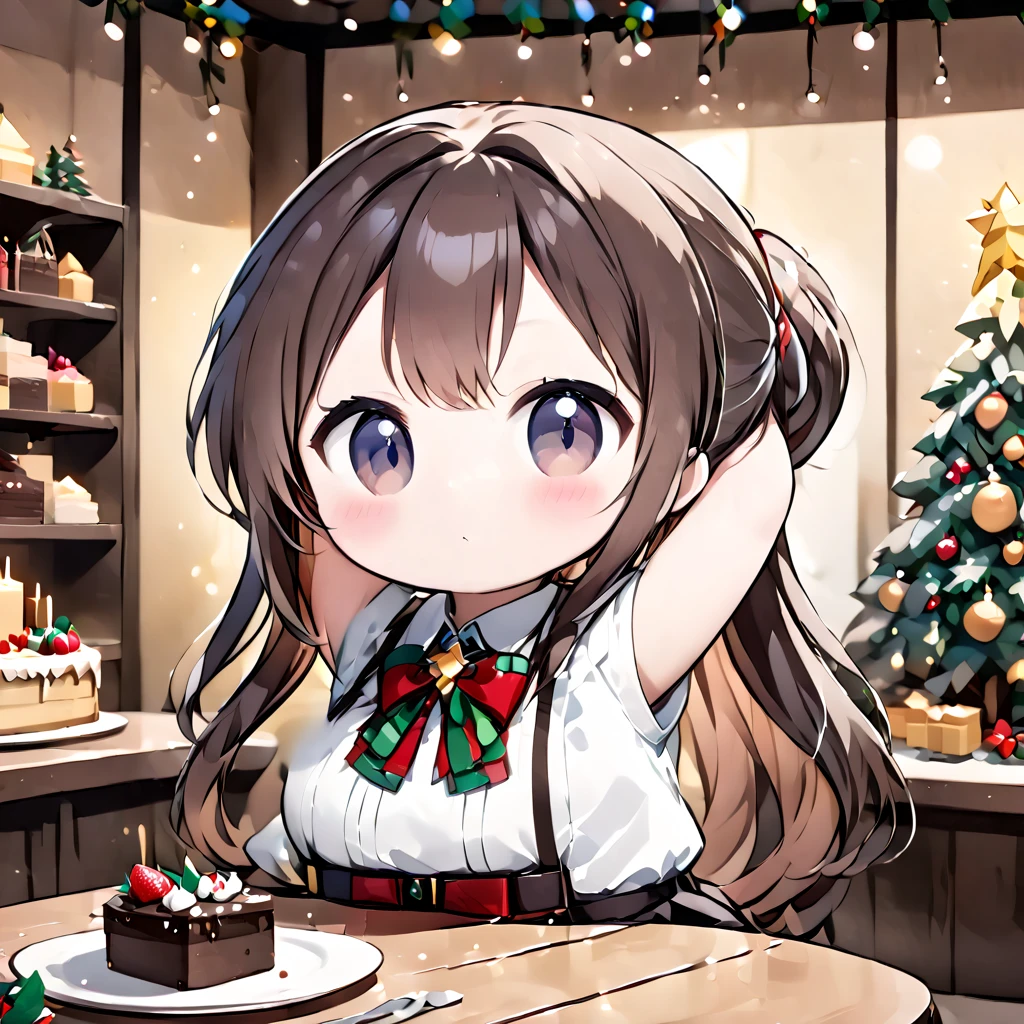 1 girl, cute, chibi, big droopy eyes, black eyes, long brown hair, ponytail,
indoors, (cake on table), christmas tree, arms up, laughing, upper body,
looking away, side view, (masterpiece, best quality, hyper detailed:1.3),