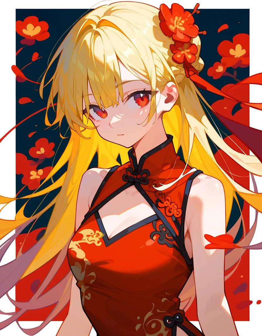 girl,Yellow hair, in red eyes ,Red eye , black eye border ,Long hair , Medium Chest ,Red Chinese dress,Long hairหางม้า