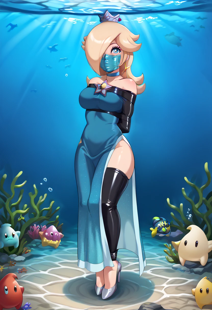 score_9, score_8_up, score_7_up, 1girl, Lora:Rosalina_XLPD:1,  (RslnSND, hair over one eye, crown, blue dress, bare shoulders, side slit, clothing cutout, choker, cleavage cutout, pelvic curtain, high heels, full body,  shiny dress, dark blue dress), wossarem style , , detailed face, Open eyes, heart shaped pupils, blushed, wrap gag, tape gag, silver tape, mouth under tape, (full bodies in view) , perfect proportions, underwater, underwater drown. standing, bound arms, (arms behind back: 1.4),. , (armbinder: 1.4), (front view), chest  tied, free legs, free feet, Open legs. 