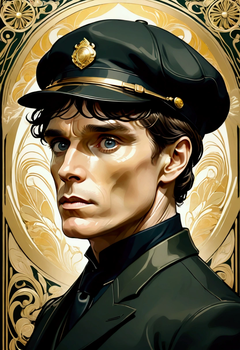 Cillian Murphy, and sharp intensity of Cillian Murphy's face.ccxl-mucha, Tomás shelby Art style, gold and wite, retrato,elegant style 1920,flat cap