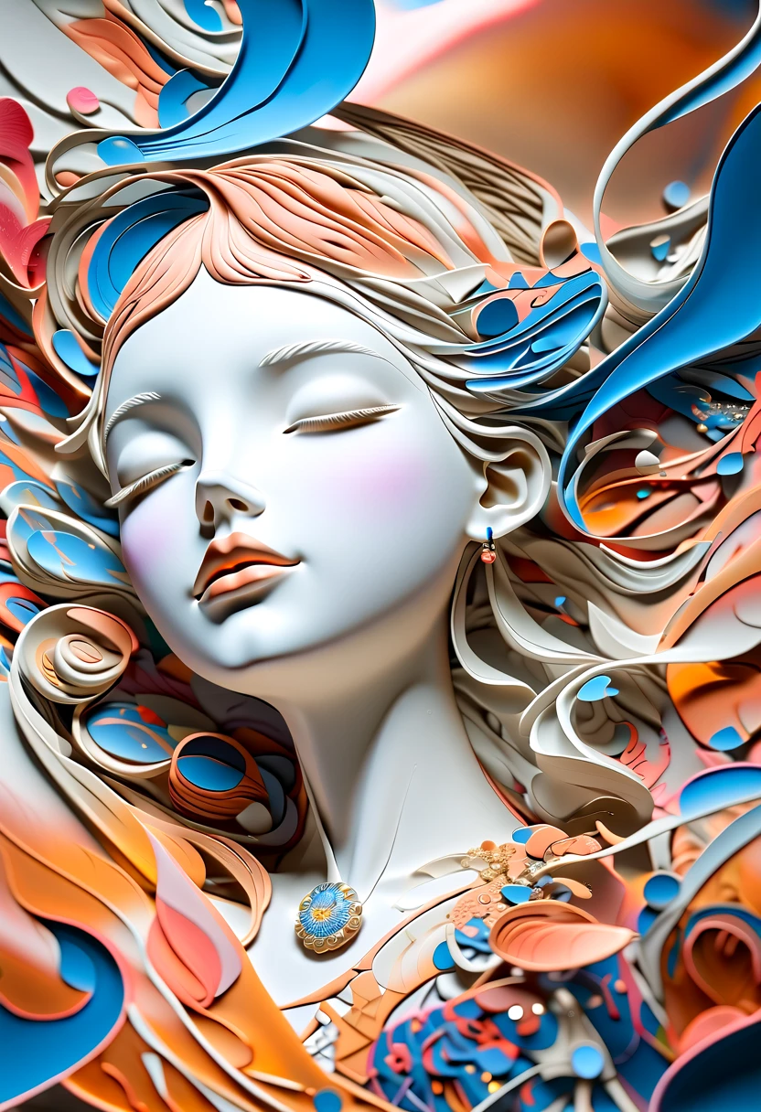 （Super Fine，lifelike：1.37），Psychedelic abstract art：3D goddess sculpture made of flowing liquid，Beautiful blue eyes，Serene expression，soft flowing hair，Upper Body，Background of the myth，creative composition，Liquid textures and patterns，High-resolution rendering，Crystal clear，Exquisite craftsmanship，Dreamy atmosphere，Sensual and fascinating，masterpiece：1.2。