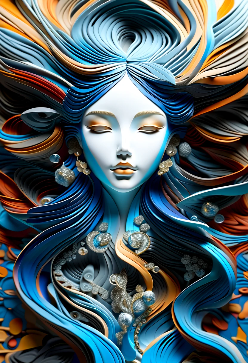 （Super Fine，lifelike：1.37），Psychedelic abstract art：3D goddess sculpture made of flowing liquid，Beautiful blue eyes，Serene expression，soft flowing hair，Upper Body，Background of the myth，creative composition，Liquid textures and patterns，High-resolution rendering，Crystal clear，Exquisite craftsmanship，Dreamy atmosphere，Sensual and fascinating，masterpiece：1.2。