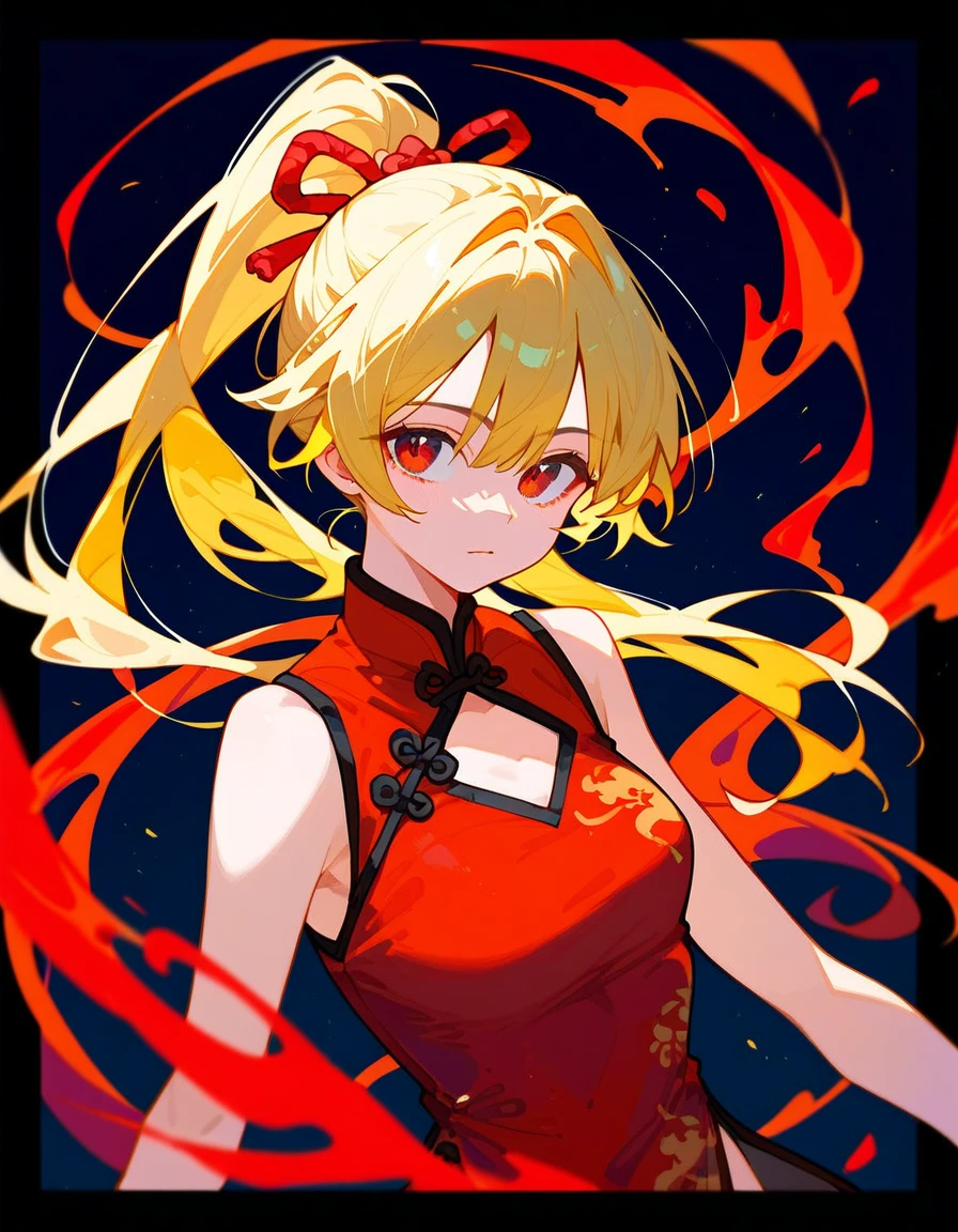 girl,Yellow hair, in red eyes ,Red eye , black eye border ,Long hair , Medium Chest ,Red Chinese dress,Long hair, Ponytail, black background