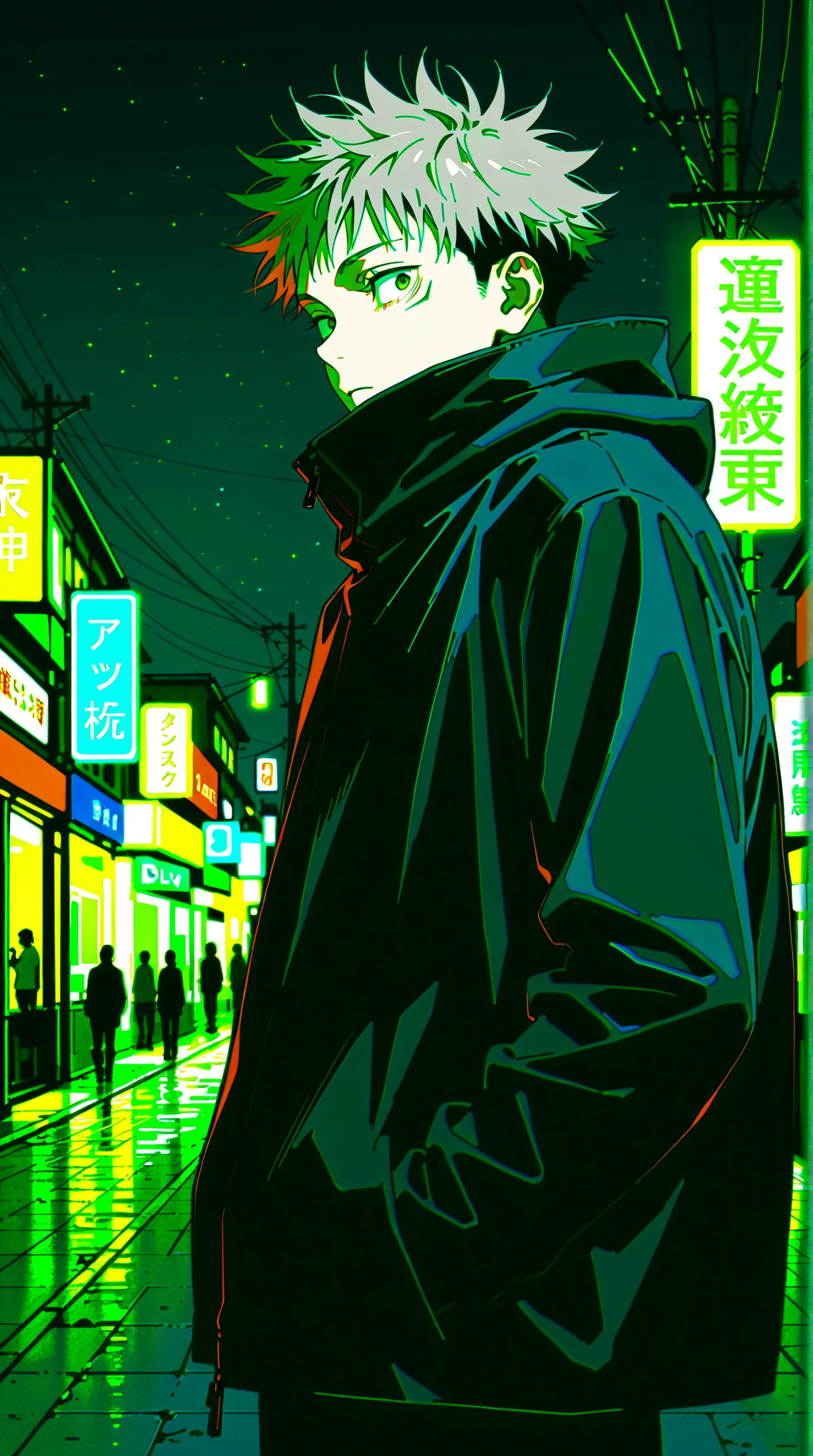 Man,alone,Yuuji Itadori,jujutsu kaisen,Create a digital art style pop art, street fashion, create digital art work in cinematic colors, vibrant brush strokes, emotions must be dynamic, upper body part, shape, tropical, Japanese town, night,best quality,high quality,super detail,high details