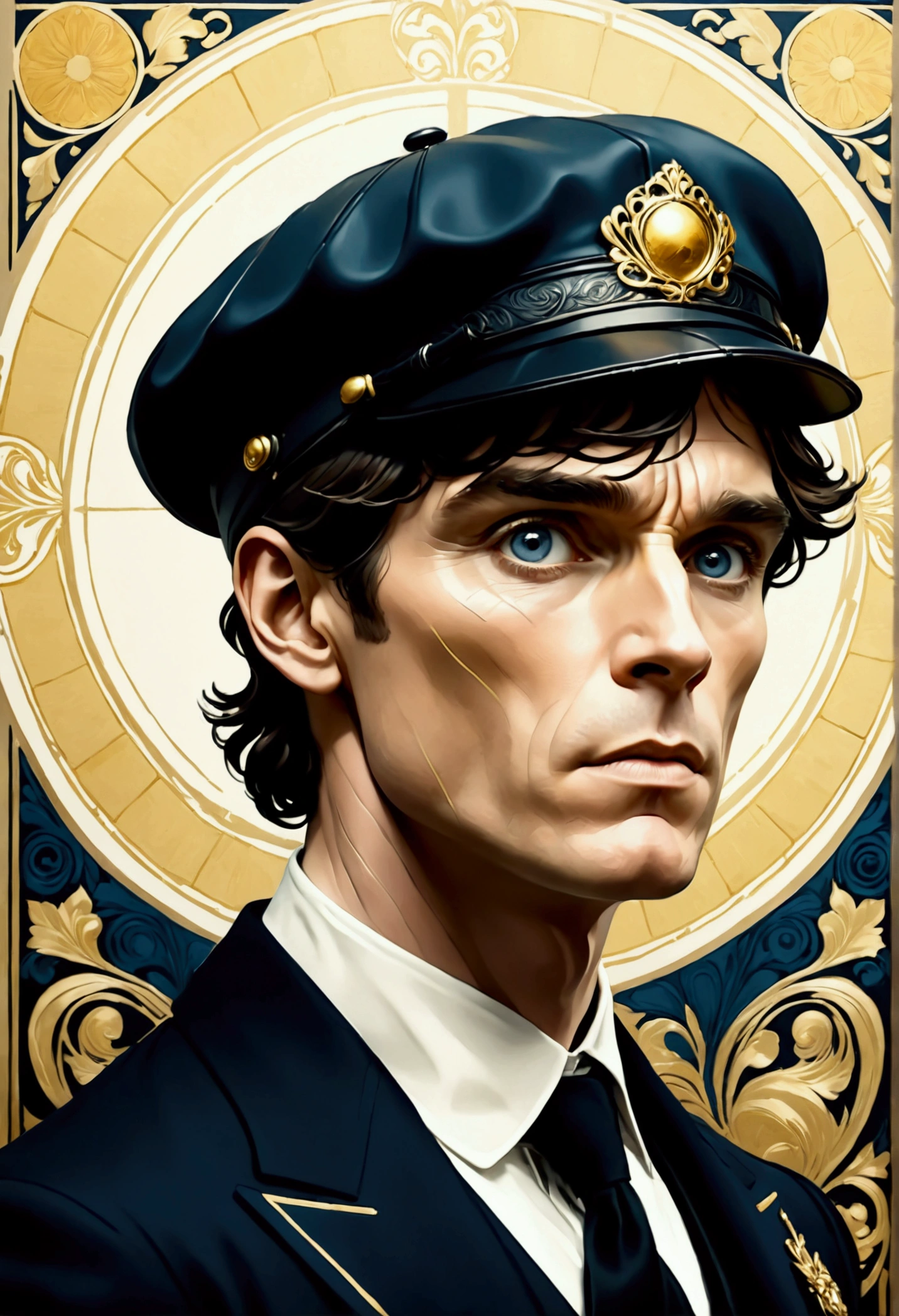 Cillian Murphy,apariencia ruda, and sharp intensity of Cillian Murphy's face.ccxl-mucha, Tomás shelby Art style, gold and wite, retrato,elegant style 1920,Wearing a vintage flat cap with a textured fabric color blak opaco, obstrullendo un poco su mirada,adding a touch of classic British style.mirada de enojo,genera miedo su mirada,psicopata,rude