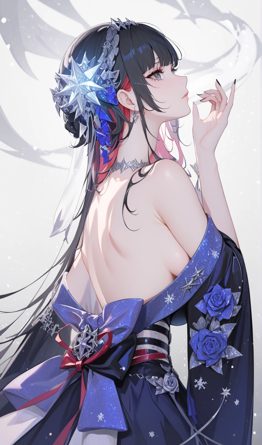 score_9, score_8_up, score_9_up, 1girl, source_anime, close up photo,  beautiful face, ellenjoe, night, passionless,  closed mouth, ellen joe, black hair, moonlight, party, night. winter,  party, sideboobs, fantasy party, fantasy night dress, night party, snow, sexy body, very small breasts,  colored inner hair, multicolored hair, grey eyes, total black outfit, dark place, dancing alone, sadistic eyes, red hair,  shoes pumps black, short hair,  two-tone hair, shoulders covered, shoulders covered by the dress, not loooking at the viewer, winter long dress, dance long dress, gothic dress, winter dress, cozy dress, ghotic lolita dress, sideboobs, ghotic dress, lace black dress, winter dress, cozy dress, covered shoulders, black dance dress, ghotic skirt, silver corset, dress for dancing, winter sleeves, glitter in the corset, shoulders covered by sleeves, long sleeves, long shirt, black corset with silver decorations, gala elegant dress, winter dress, elegant dress, long skirt dress, night, arms behind her back, lace collar, sexy body,  small breasts, two-tone hair,  beautiful eyes, beautiful legs, sexy legs, solo, fantasy world, night, beautiful eyes