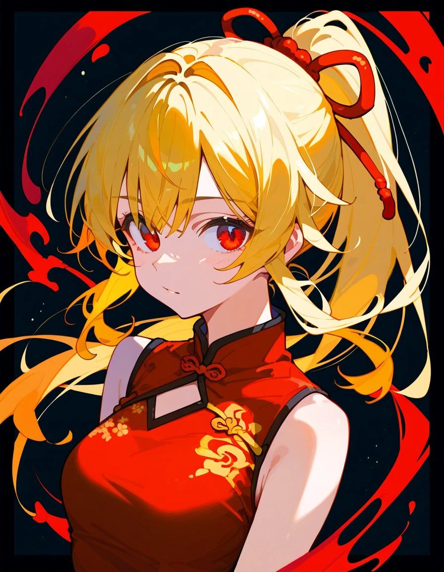 girl,Yellow hair, in red eyes ,Red eye , black eye border ,Long hair , Medium Chest ,Red Chinese dress,Long hair, Ponytail, black background, Medium Chest 