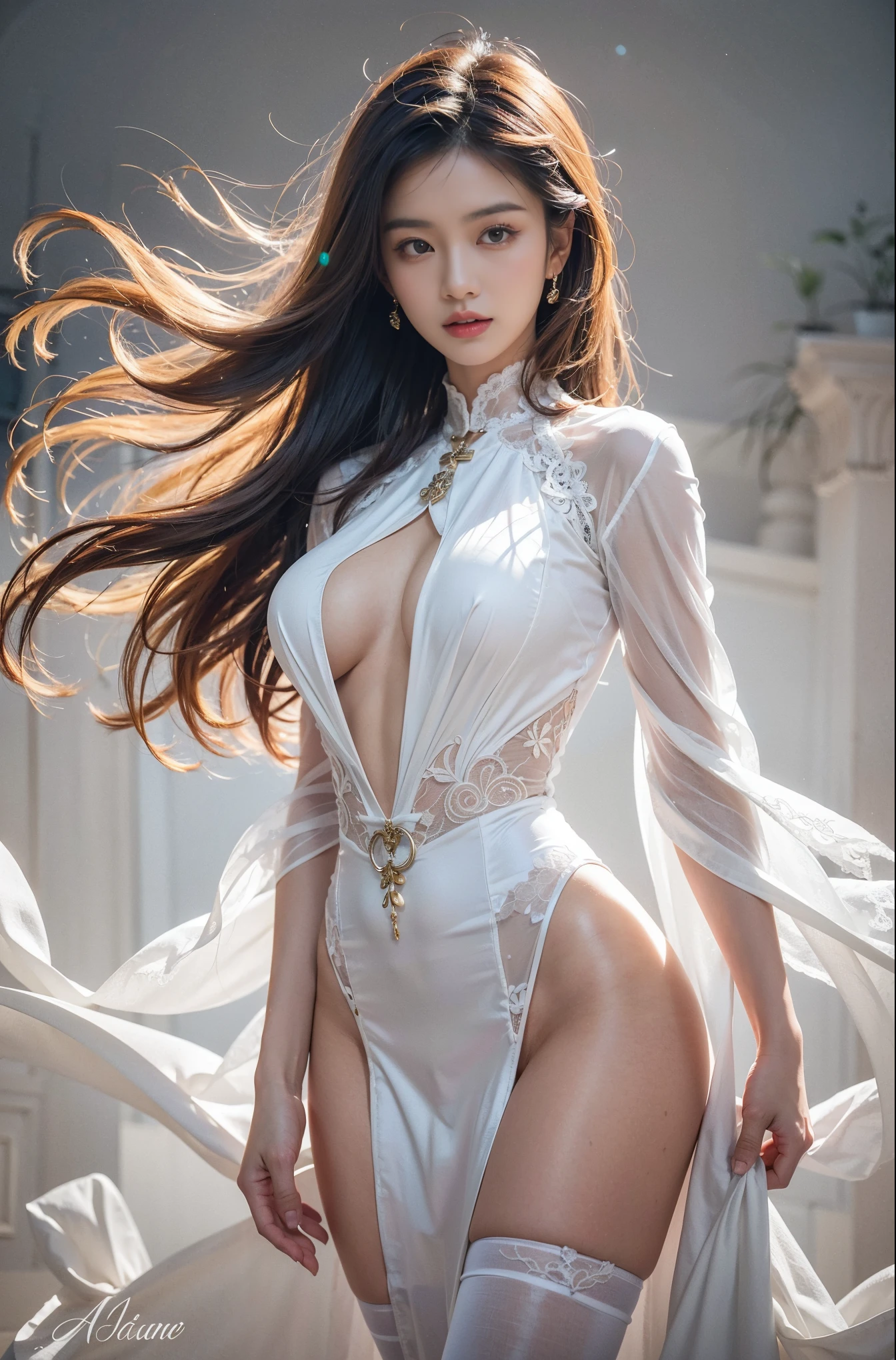 (highest quality, masterpiece, Super detailed, ultra high resolution, realistic, Raw photo, confused, absolute resolution:1.4),(highest quality photo of a super beautiful woman in sexy lingerie :1.3),(Written by Luis Royo, fantasy and erotic, :1.2),(sacred light, starry sky background:1.3) ,Beautiful and sophisticated woman, Surreal portrait of a beautiful girl, Radiant natural skin texture,(Particles of light are floating ), (perfect anatomy, perfect female body:1.2),close up photo, soft front light, beautiful expression, cute face,(Super detailed face, looking at the viewer), fine eyes, black eye, glossy lips ,red lips,(smile),(beautiful breasts, big breasts, nipple ,camel toe: 1.2), fine eyes, Clear and eye-catching, beautiful and attractive, thin waist, physically thin, beautiful figure, ((black hair, long hair)) , 1 screen display, (sexy posture),(( Garter and garter belt, Her clothes are soft and light like air.., Rococo style)),