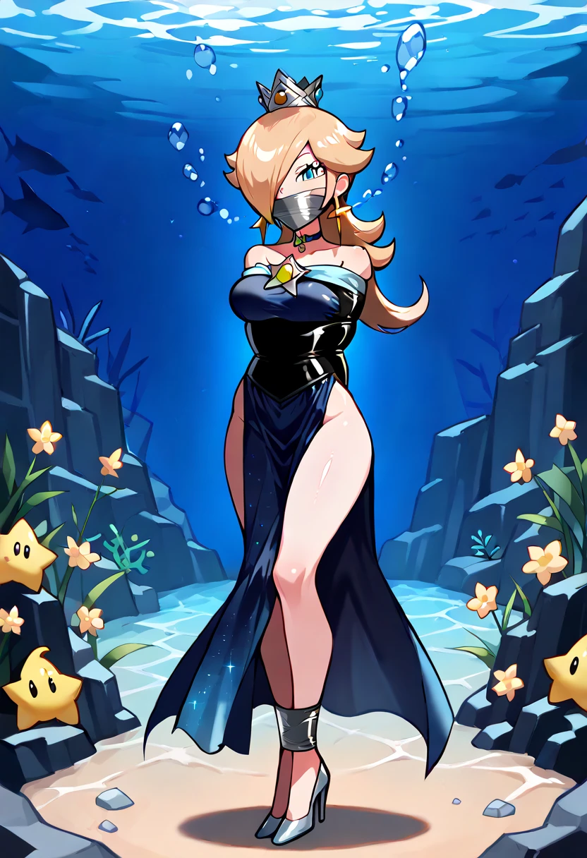 score_9, score_8_up, score_7_up, 1girl, Lora:Rosalina_XLPD:1,  (RslnSND, hair over one eye, crown, blue dress, bare shoulders, side slit, clothing cutout, choker, cleavage cutout, pelvic curtain, high heels, full body,  shiny dress, dark blue dress), wossarem style , smug, smug eyes, blushed, wrap gag, tape gag, silver tape, (full bodies in view) , perfect proportions, underwater, underwater drown. standing,  bound arms, (arms behind back: 1.4),  (armbinder: 1.4), (front view), free legs, free feet, Open legs. 