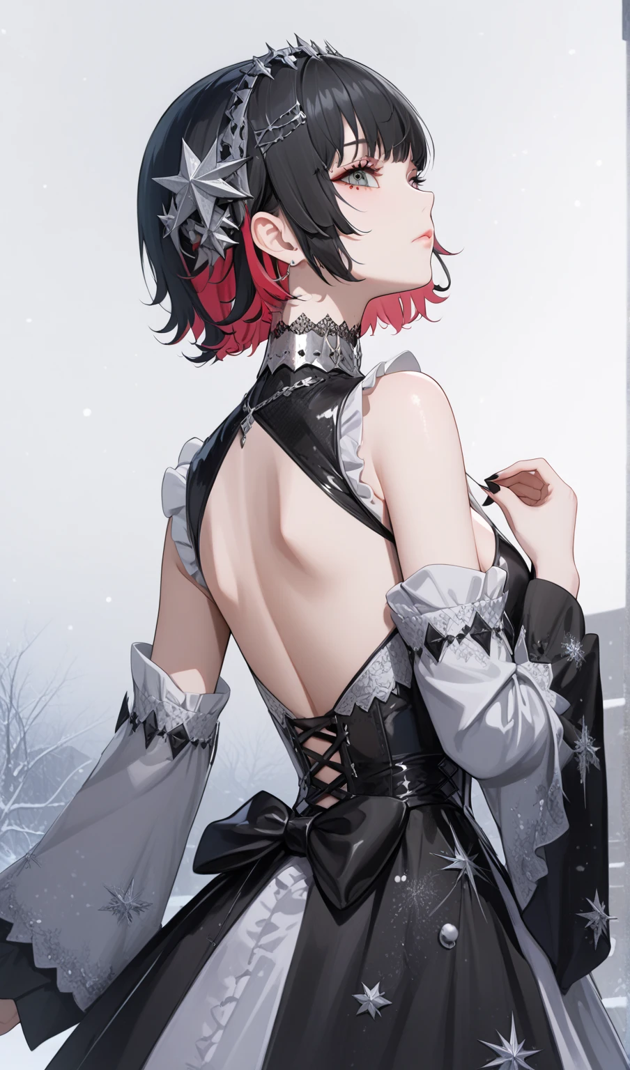 score_9, score_8_up, score_9_up, 1girl, source_anime, close up photo,  beautiful face, ellenjoe, night, passionless,  closed mouth, ellen joe, black hair, moonlight, party, night. winter,  party, sideboobs, fantasy party, fantasy night dress, night party, snow, sexy body, very small breasts,  colored inner hair, multicolored hair, grey eyes, total black outfit, dark place, dancing alone, sadistic eyes, red hair,  shoes pumps black, short hair,  two-tone hair, shoulders covered, shoulders covered by the dress, not loooking at the viewer, winter long dress, dance long dress, gothic dress, winter dress, cozy dress, ghotic lolita dress, sideboobs, ghotic dress, lace black dress, winter dress, cozy dress, covered shoulders, black dance dress, ghotic skirt, silver corset, dress for dancing, winter sleeves, glitter in the corset, shoulders covered by sleeves, long sleeves, long shirt, black corset with silver decorations, gala elegant dress, winter dress, elegant dress, long skirt dress, night, arms behind her back, lace collar, sexy body,  small breasts, two-tone hair,  beautiful eyes, beautiful legs, sexy legs, solo, fantasy world, night, beautiful eyes