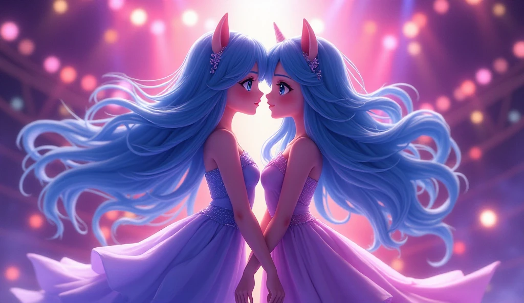 Anya anime, cantando em show com twilight sparkle, a beautiful cute anime girl Anya singing on stage with twilight sparkle, highly detailed face, beautiful eyes, long eyelashes, detailed lips, elegant dress, stage lights, dynamic pose, colorful background, cinematic lighting, digital art, concept art, 8k, high resolution, photorealistic, masterpiece, a cute anime girl with long blue hair, singing on stage with twilight sparkle, beautiful detailed eyes, beautiful detailed lips, extremely detailed face, detailed stage, spotlights, realistic, photorealistic, high quality, 8k, hyperdetailed, masterpiece, vibrant colors, dynamic lighting, cinematic