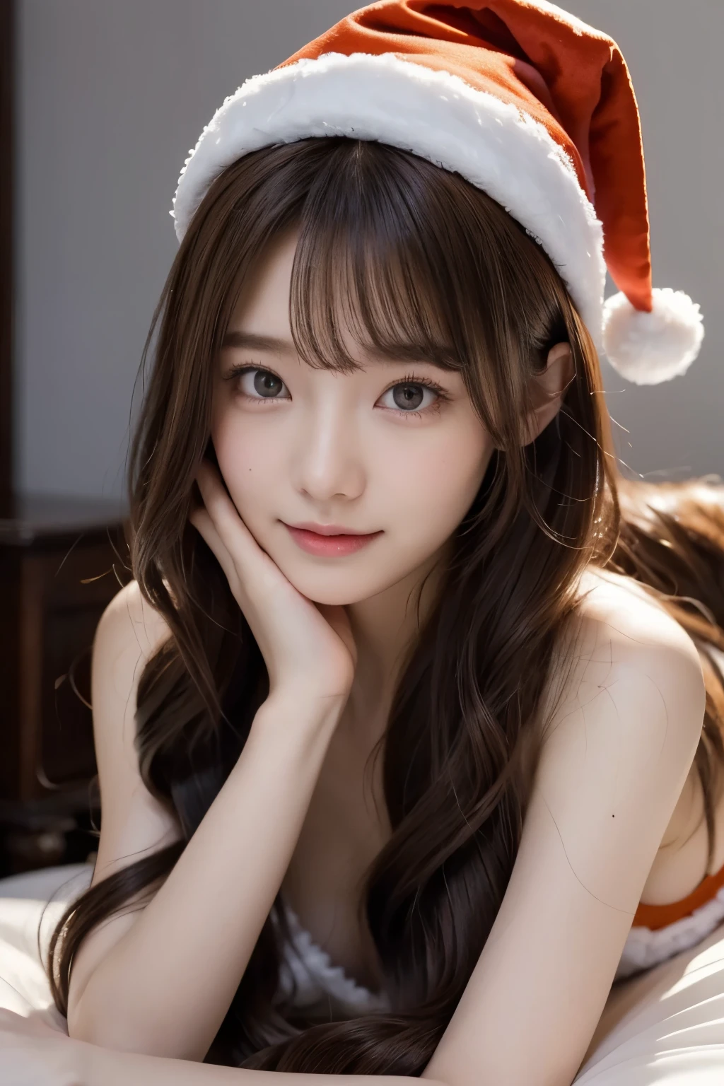 winter night, lying down on the bed, a girl dressed as Santa Claus hat, lots of gift boxes, fidgeting, with a shy smile, blushing, wavy long length hair, pale orange and brown hair, pompadour hairstyle, twisted bangs, beautiful white-colored translucent skin, slendar figure, adult sexiness, alluring, glossy face, cold and shivering, {realistic}, {cinematic}, {photogenic}