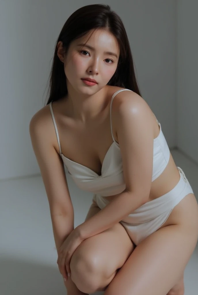 beautiful asian girl , gray background, overexposed, studio lighting, high quality, film grain, light reflections, blood vessels, (pale skin), skin pores, blood vessels in sclera, detailed skin, beauty spots, skin fuzz, full body, (( nude, naked, no pants, barefoot, nsfw, no clothes )), (facing viewer), (( crouching looking above to the viewer, kneeling, close up from above, close up face, dynamic angle)) , facial, cum, pov,